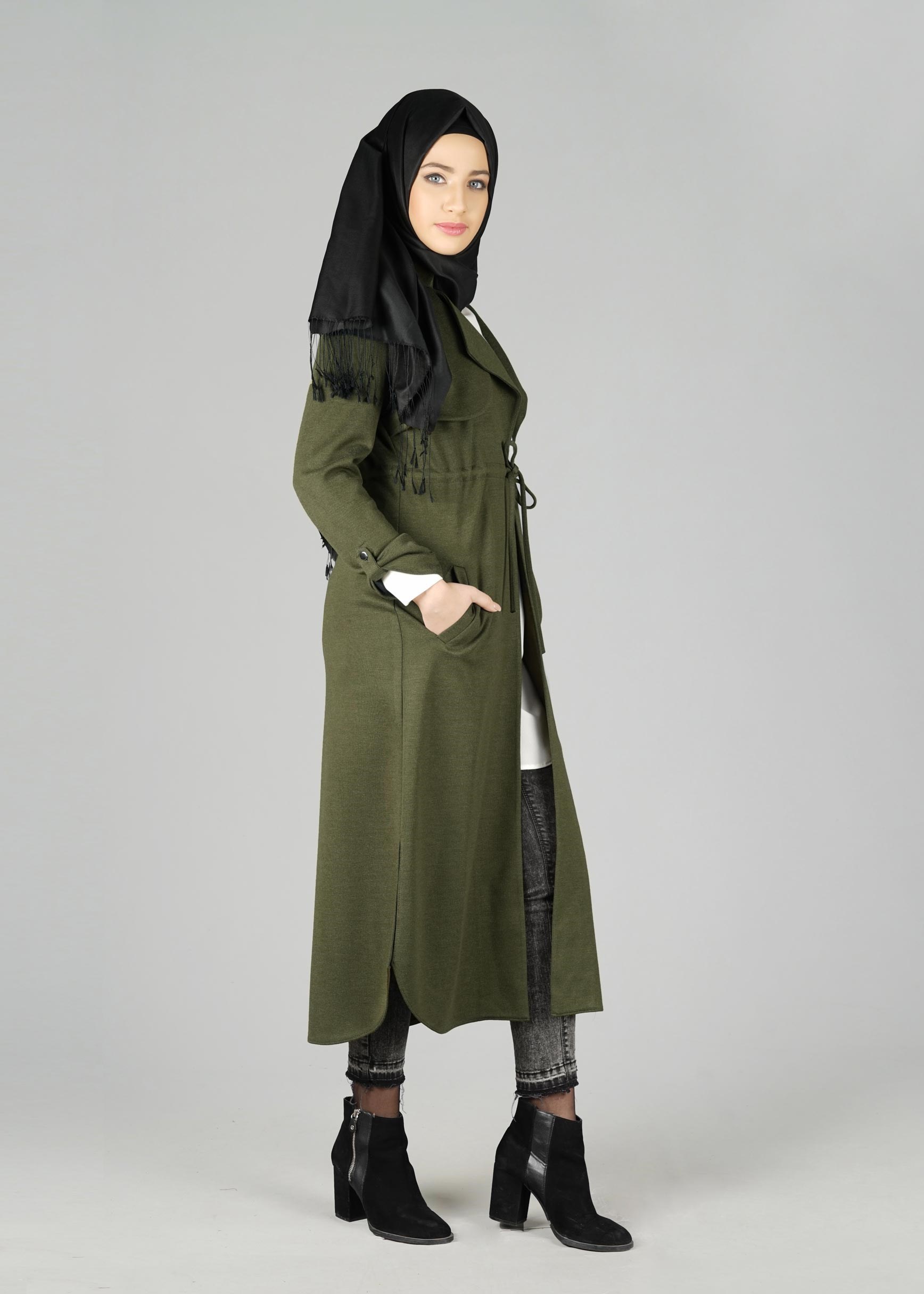 Tesettür giyim HAKİ BELİ BÜZGÜ BAĞCIKLI CEKET 4976