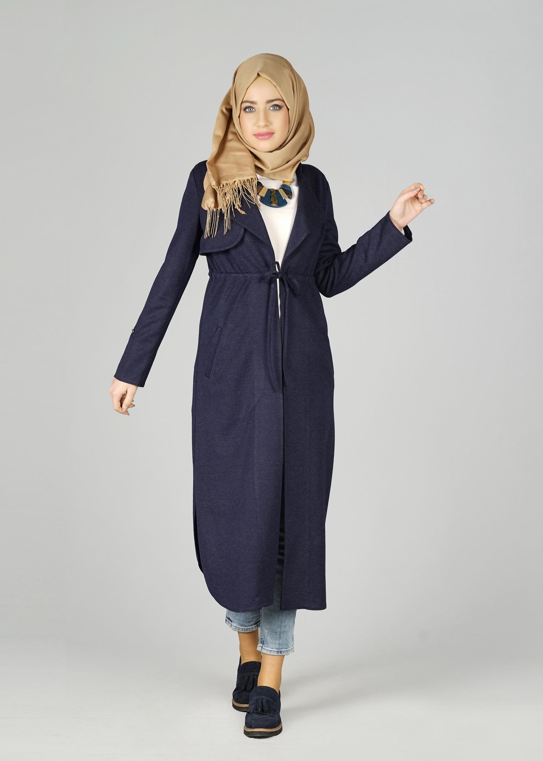 Tesettür giyim LACİVERT BELİ BÜZGÜ BAĞCIKLI CEKET 4976