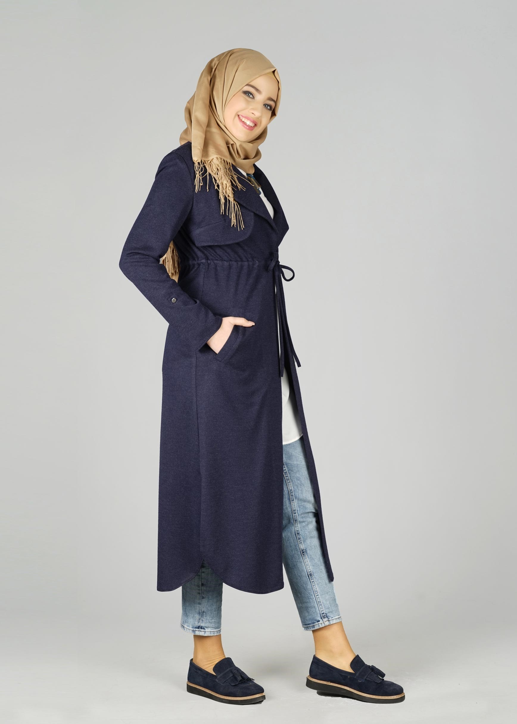 Tesettür giyim LACİVERT BELİ BÜZGÜ BAĞCIKLI CEKET 4976