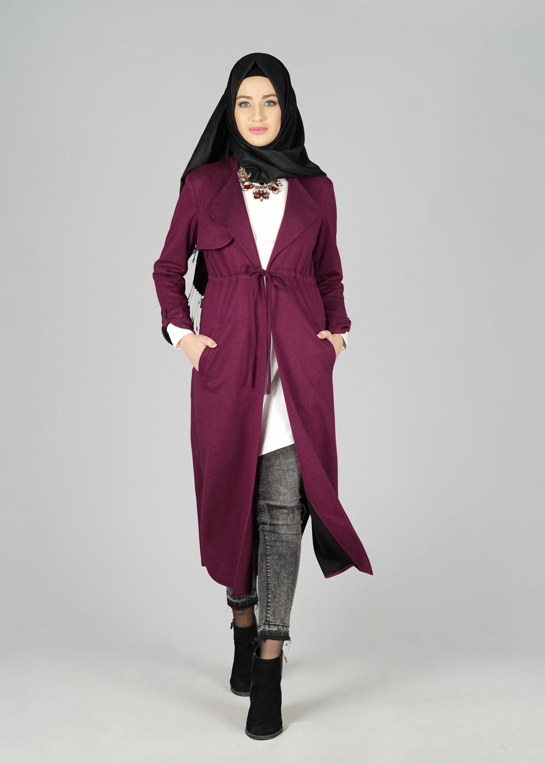 Tesettür giyim MOR BELİ BÜZGÜ BAĞCIKLI CEKET 4976