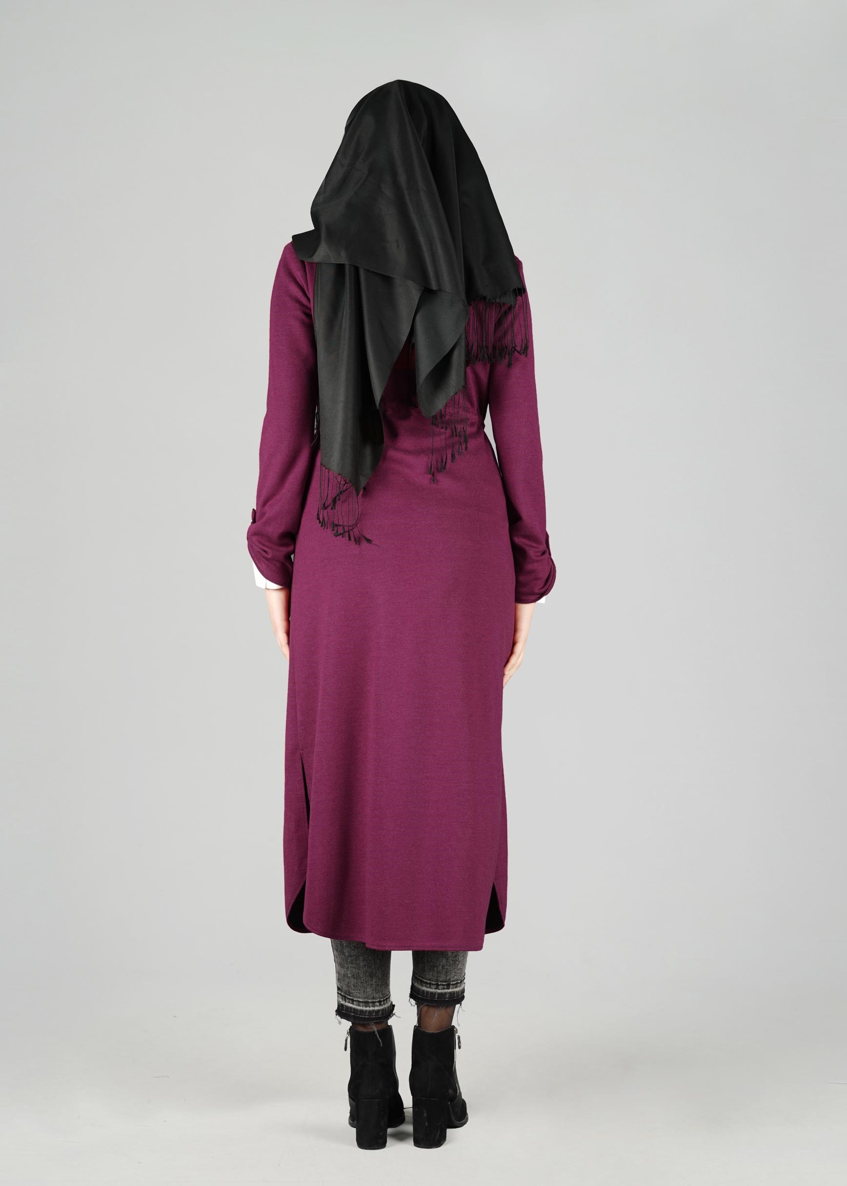 Tesettür giyim MOR BELİ BÜZGÜ BAĞCIKLI CEKET 4976