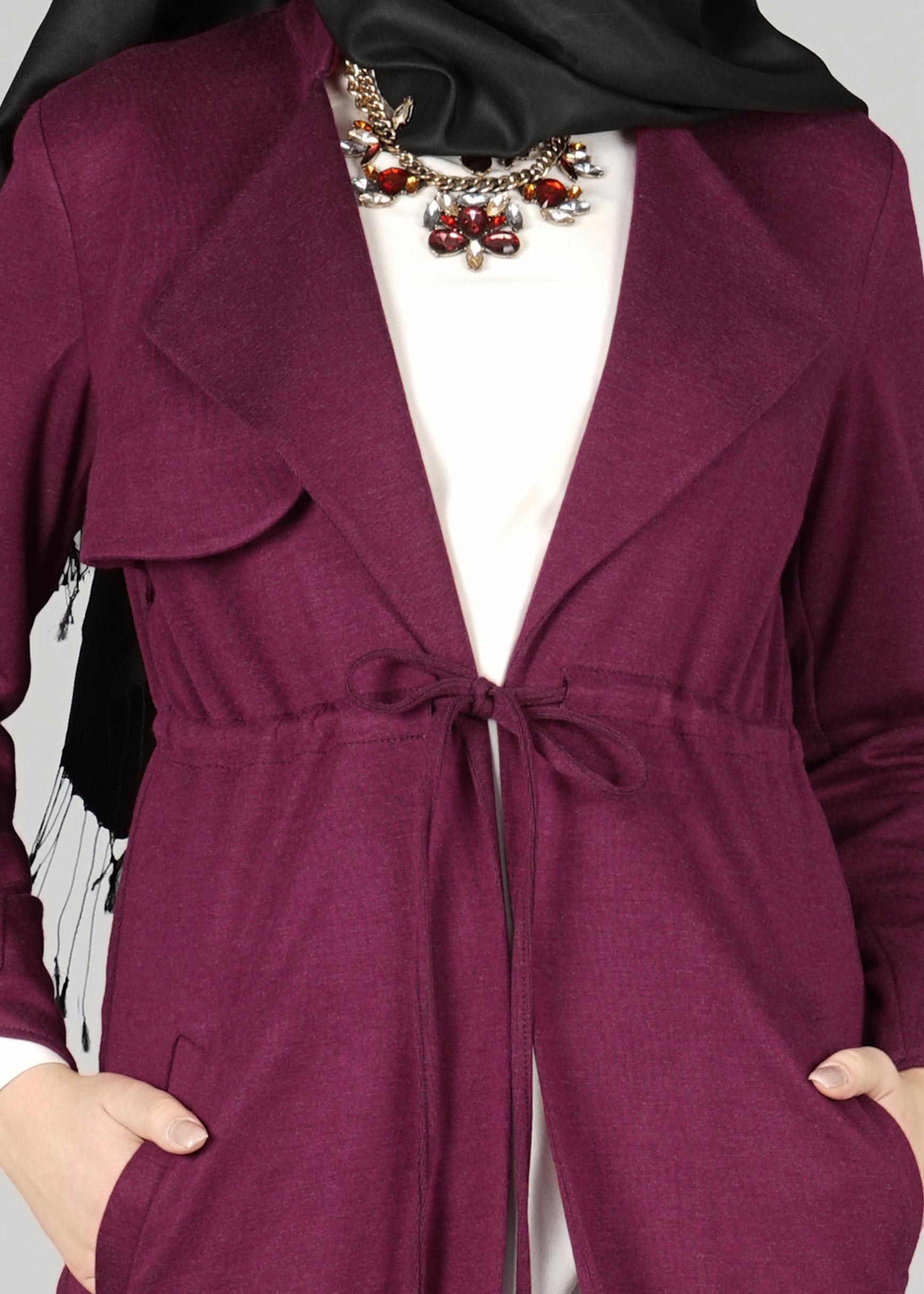 Tesettür giyim MOR BELİ BÜZGÜ BAĞCIKLI CEKET 4976