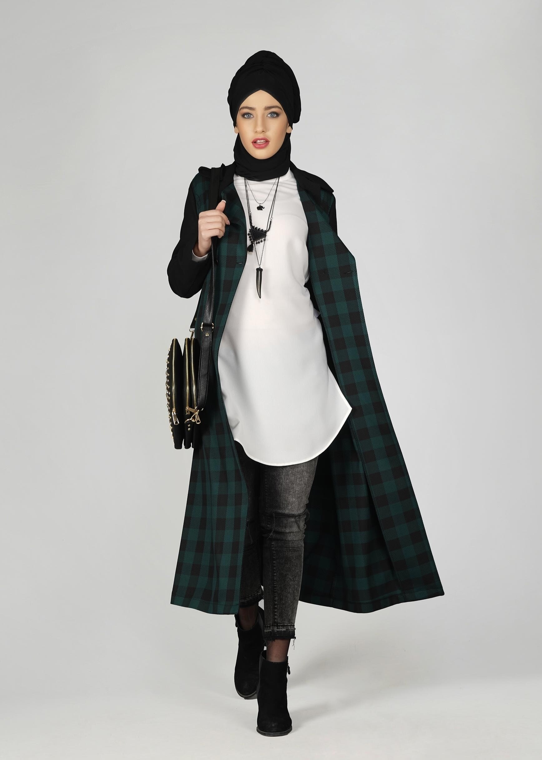 Tesettür giyim YEŞİL EKOSE DESENLİ KLASİK CEKET 4994