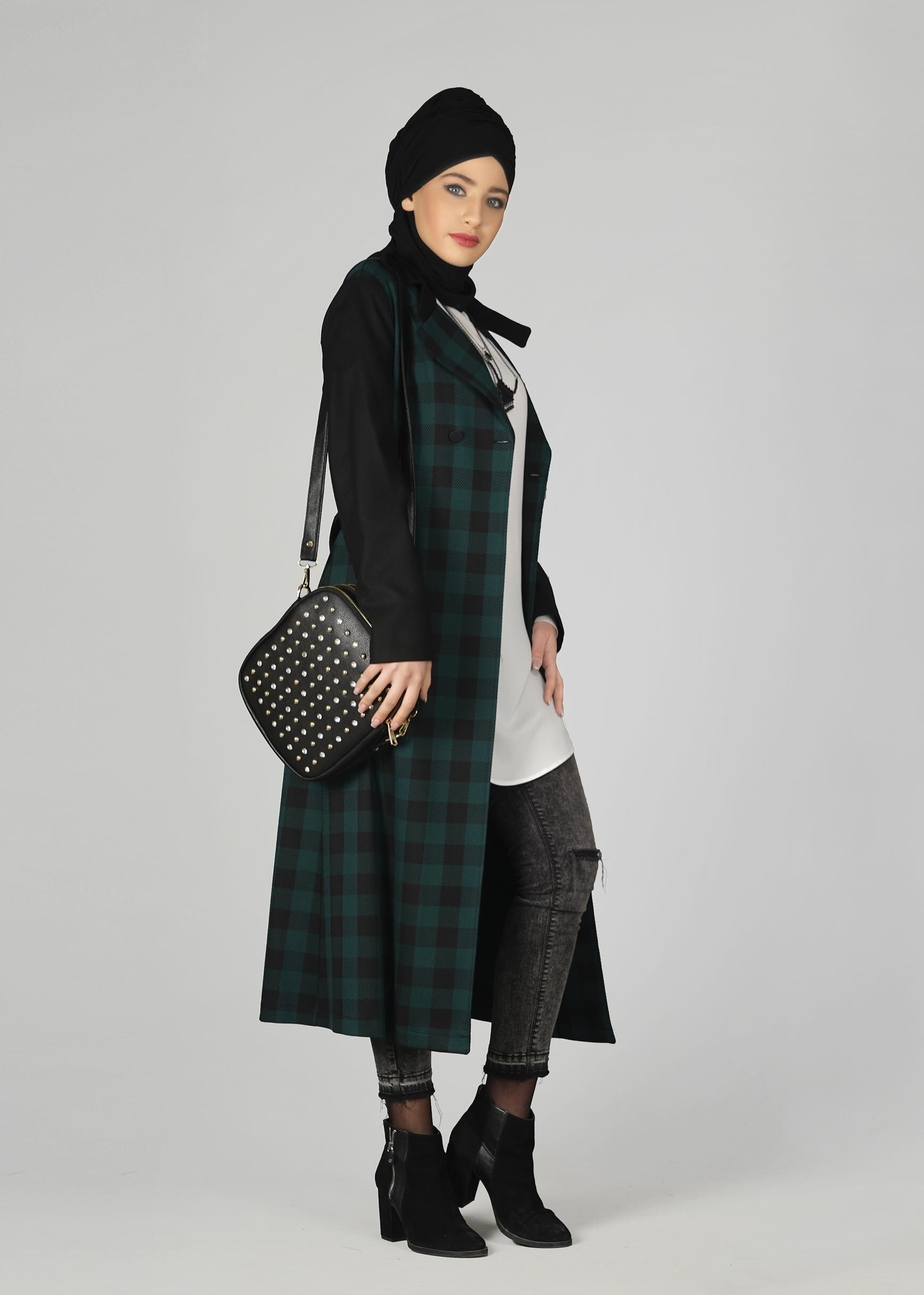 Tesettür giyim YEŞİL EKOSE DESENLİ KLASİK CEKET 4994