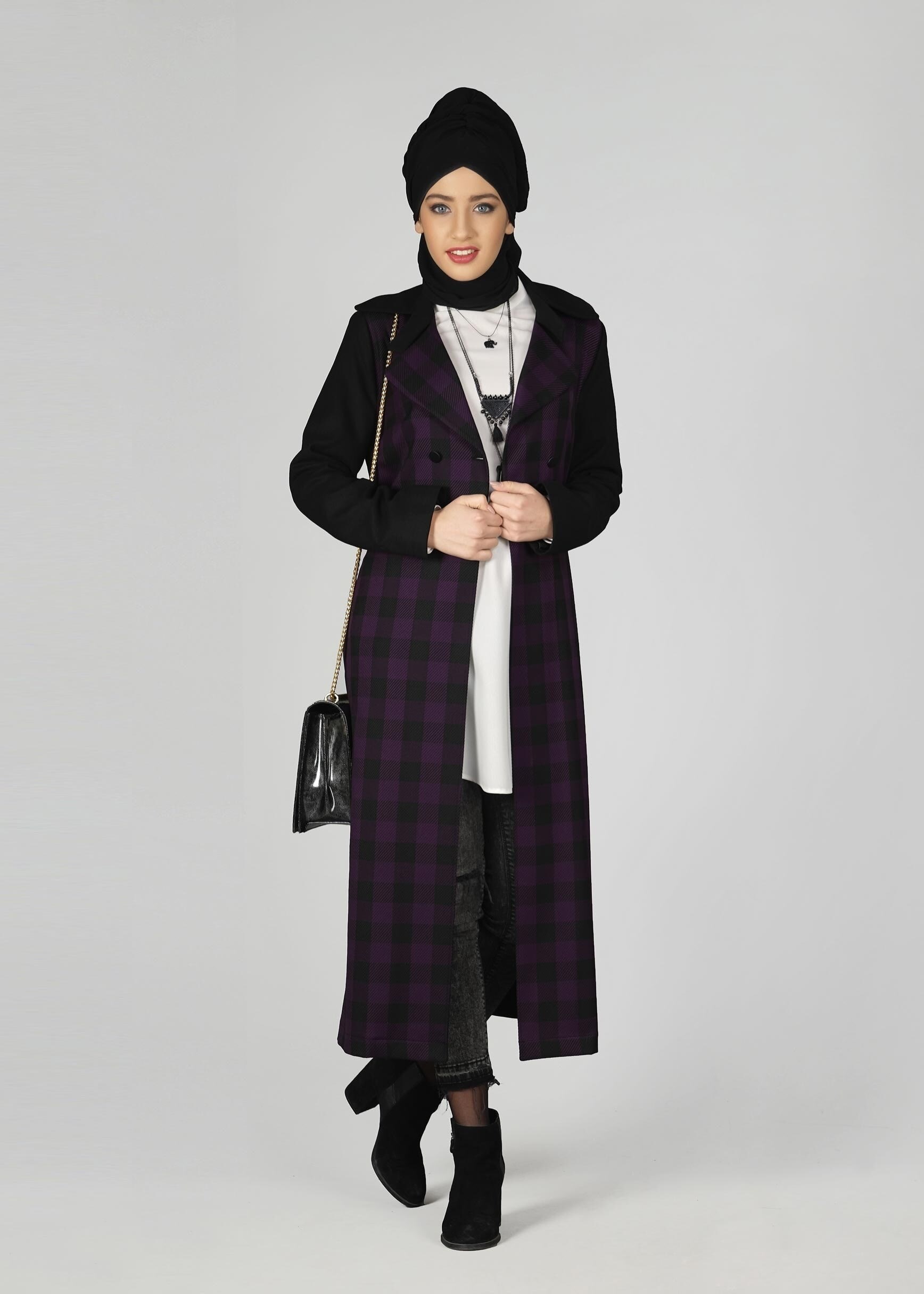 Tesettür giyim MOR EKOSE DESENLİ KLASİK CEKET 4994