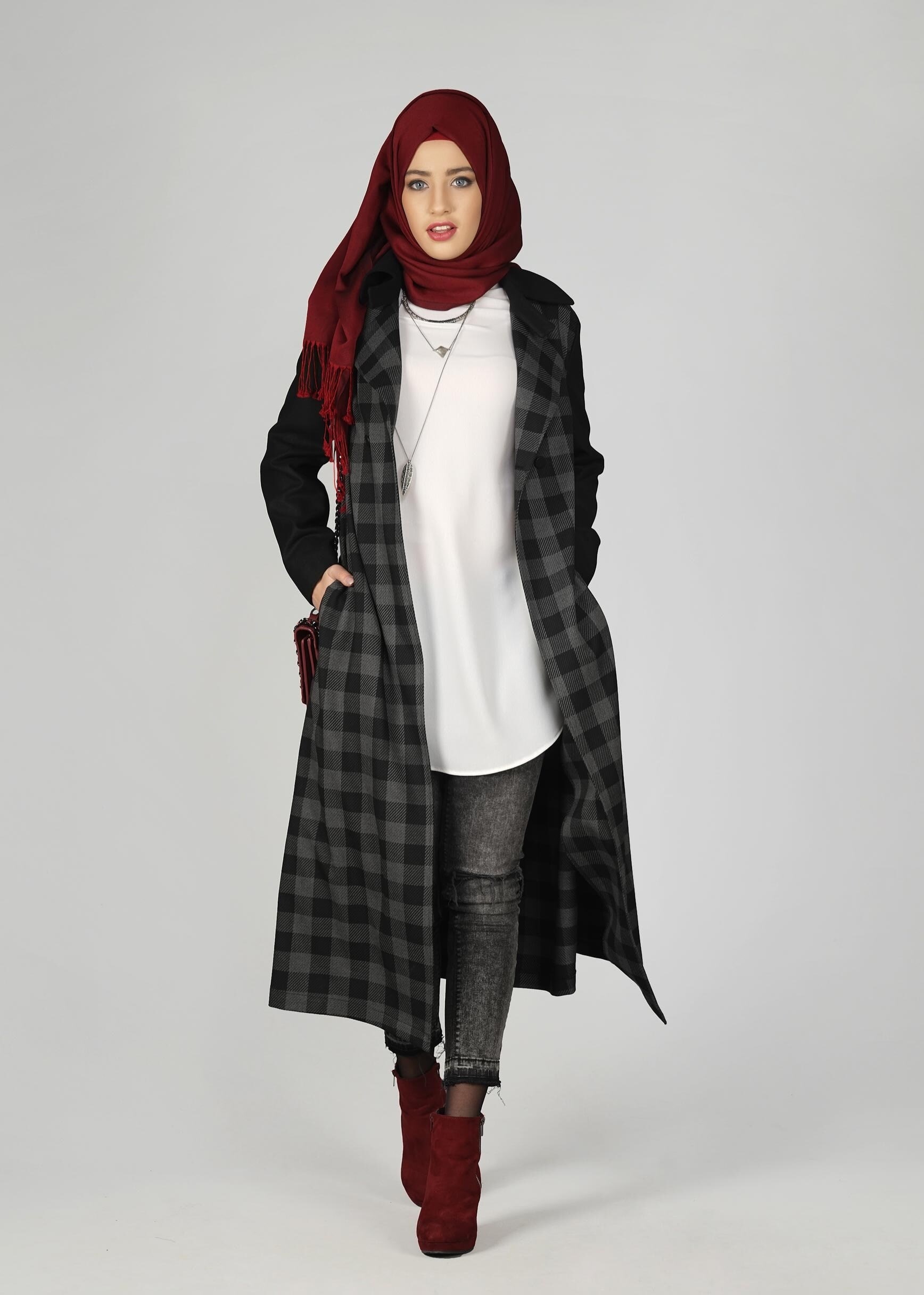 Tesettür giyim GRİ EKOSE DESENLİ KLASİK CEKET 4994