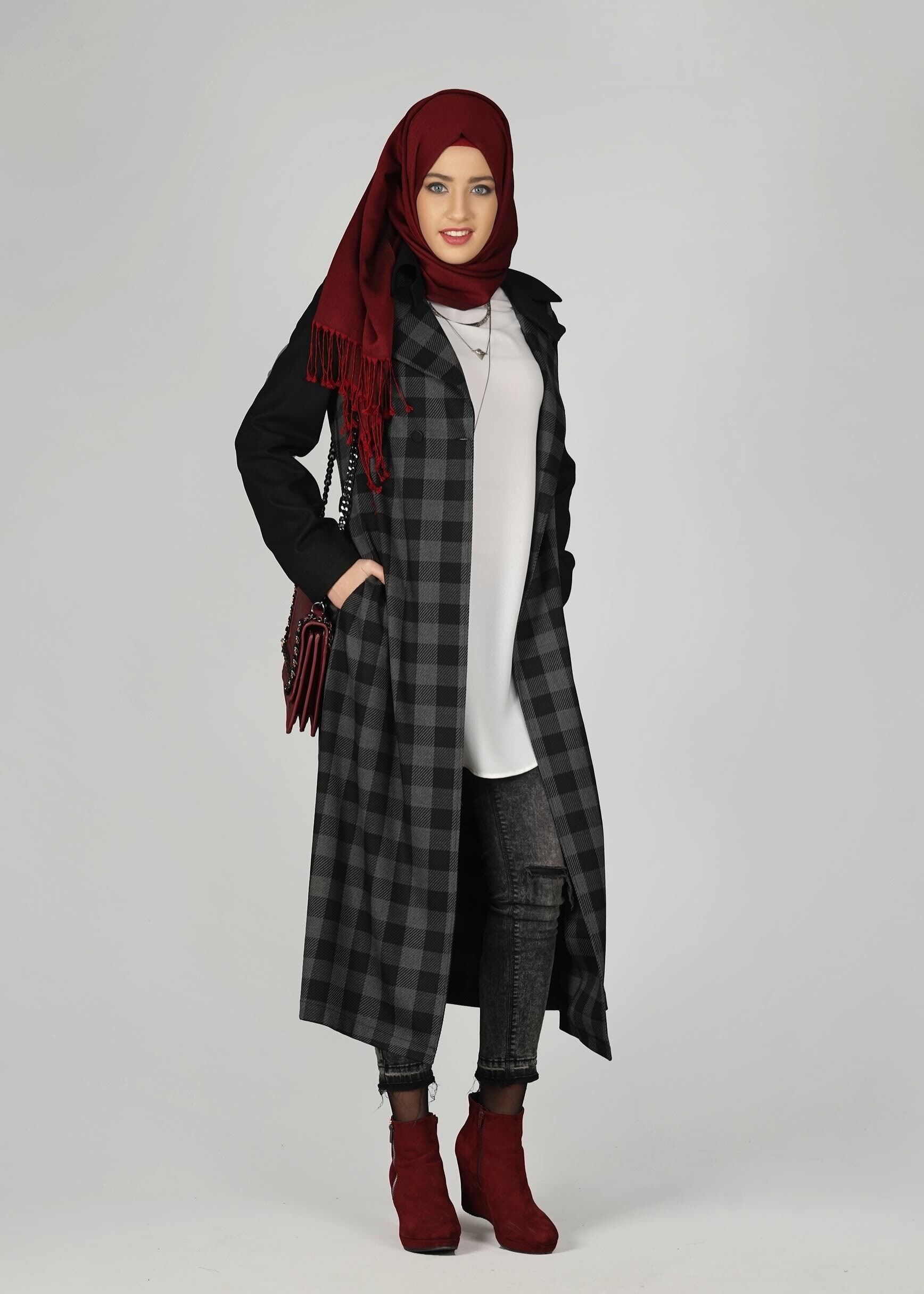 Tesettür giyim GRİ EKOSE DESENLİ KLASİK CEKET 4994