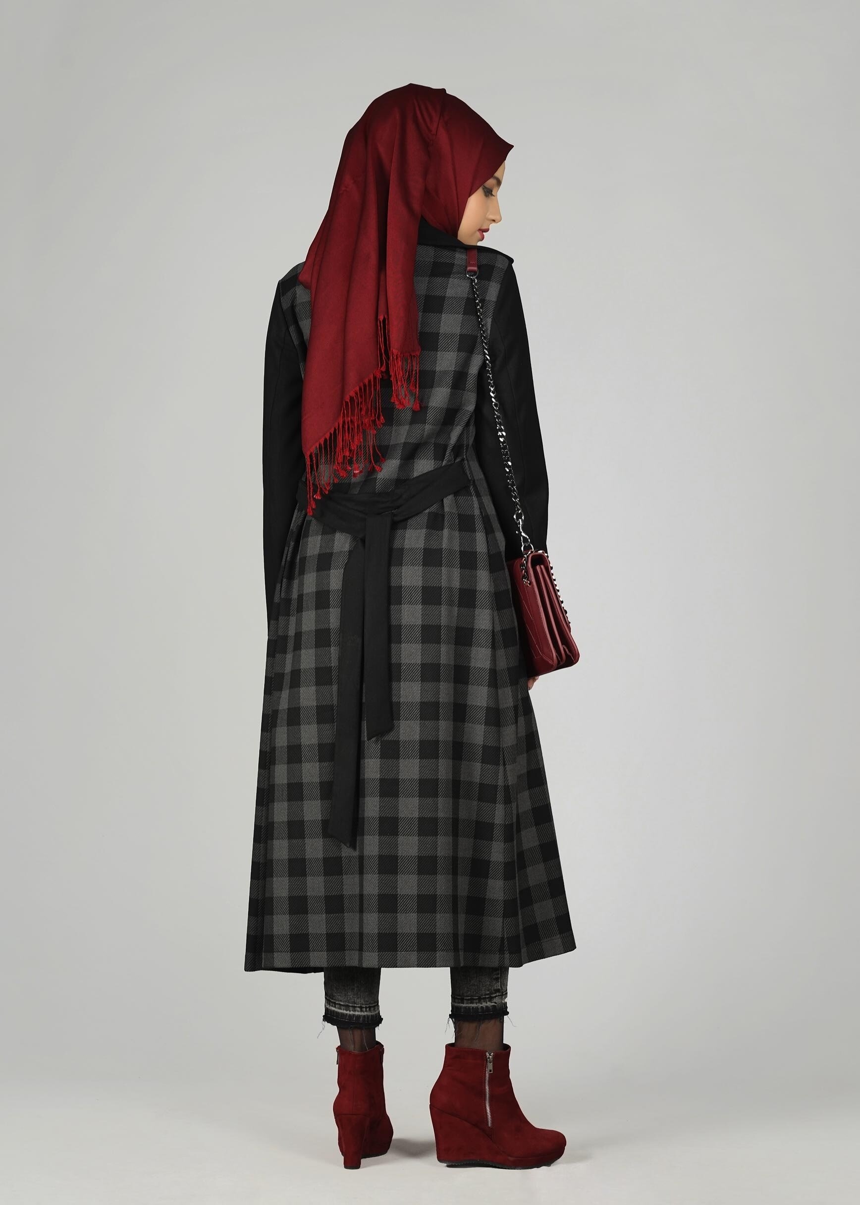 Tesettür giyim GRİ EKOSE DESENLİ KLASİK CEKET 4994