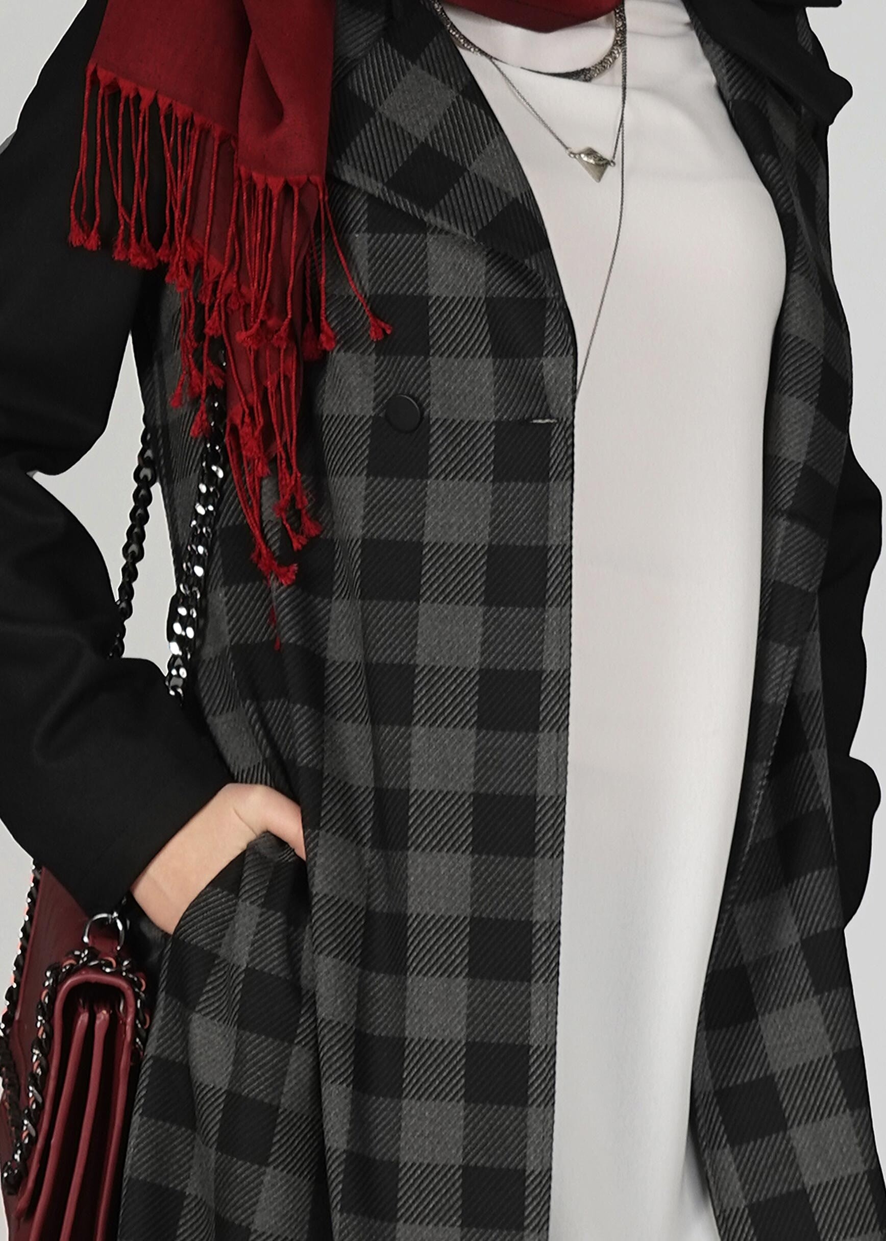 Tesettür giyim GRİ EKOSE DESENLİ KLASİK CEKET 4994