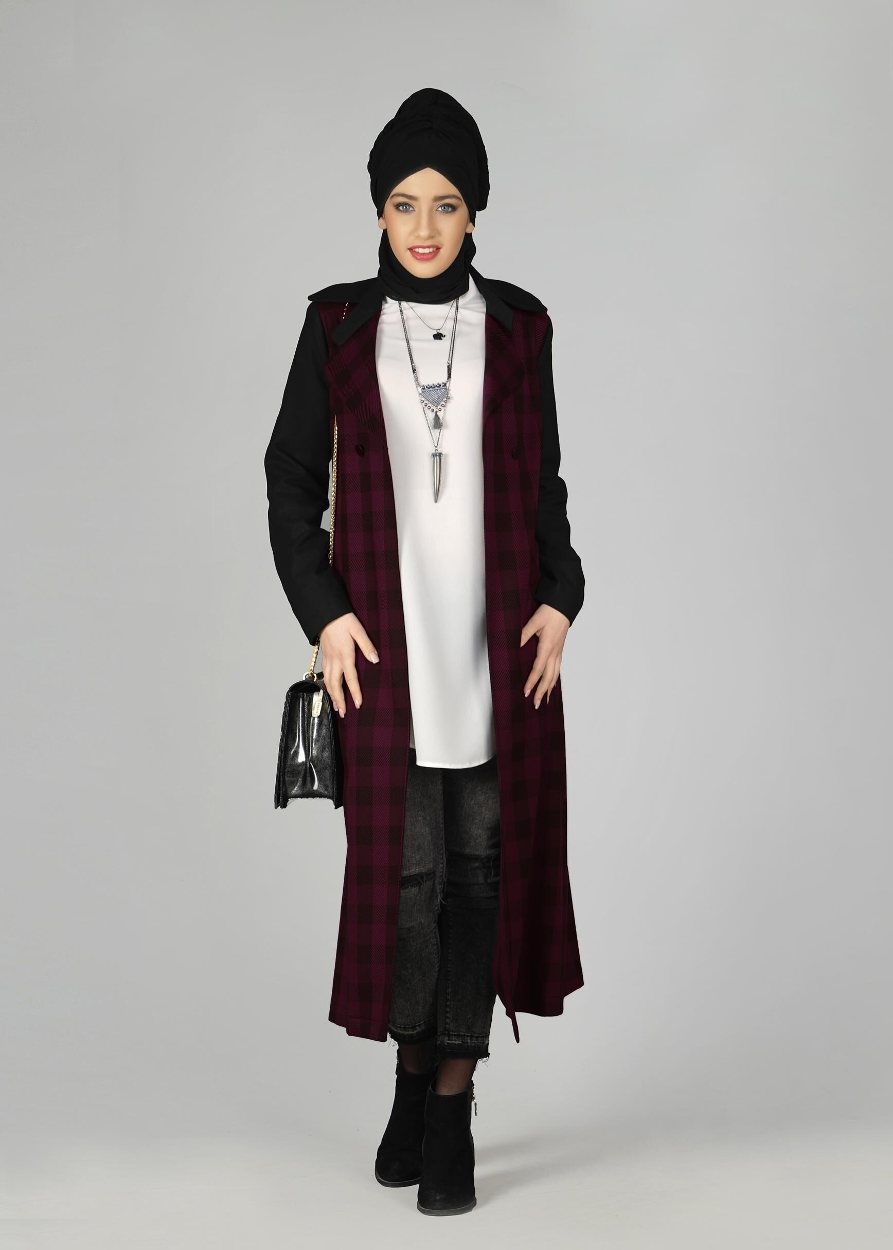 Tesettür giyim BORDO EKOSE DESENLİ KLASİK CEKET 4994