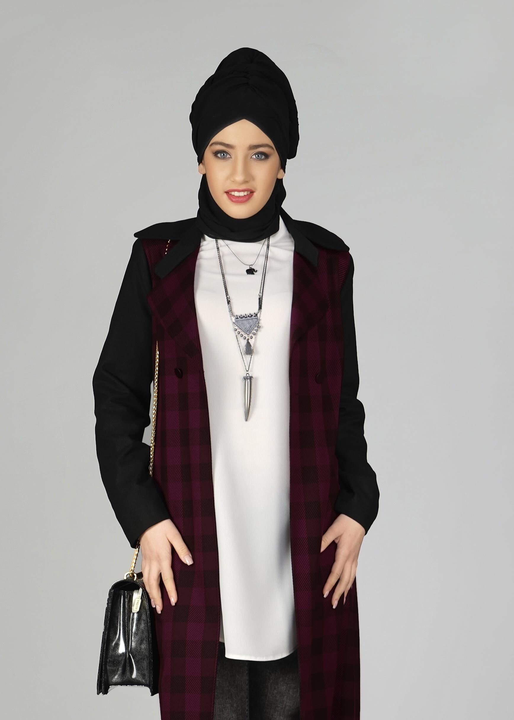 Tesettür giyim BORDO EKOSE DESENLİ KLASİK CEKET 4994