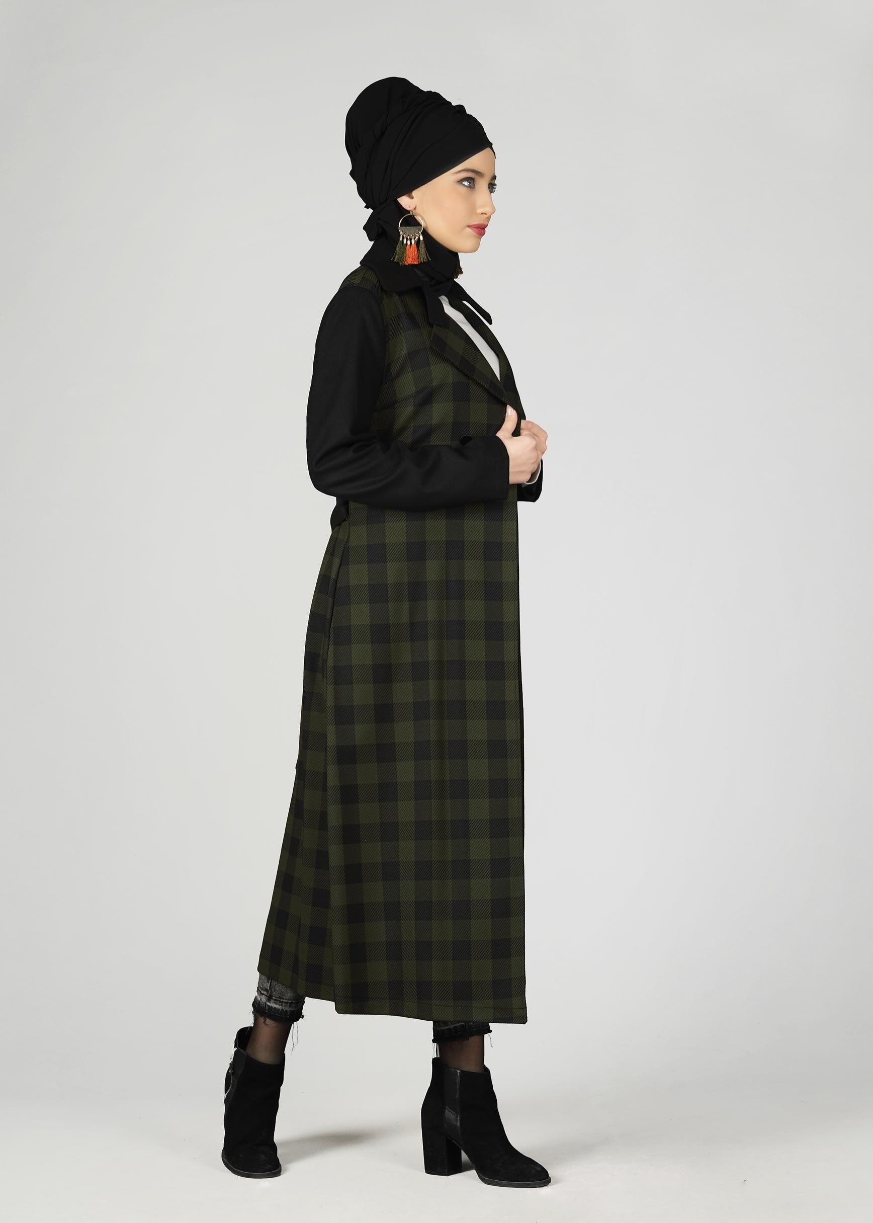 Tesettür giyim HAKİ EKOSE DESENLİ KLASİK CEKET 4994