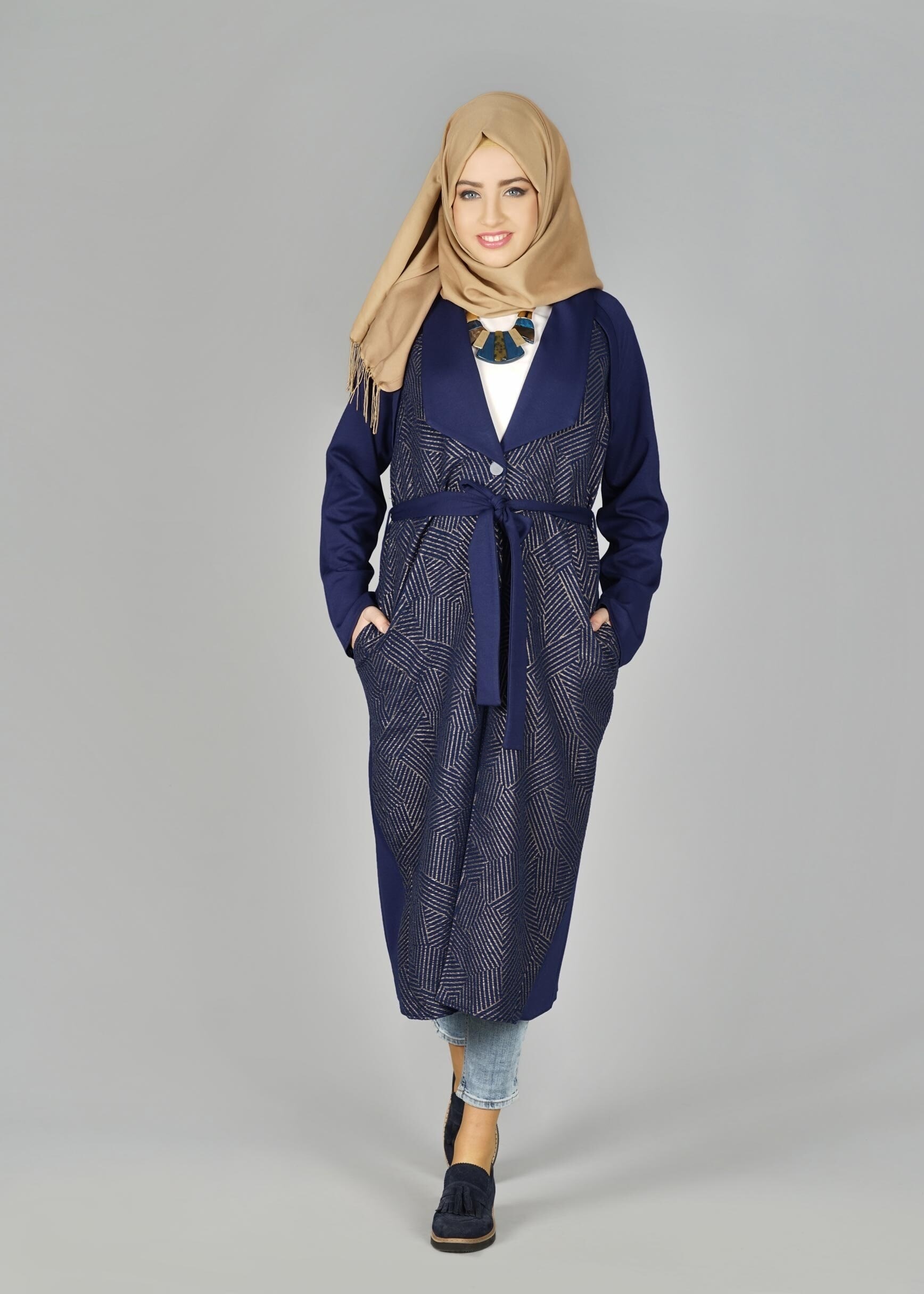 Tesettür giyim LACİVERT BELİ KUŞAKLI CEKET 4996
