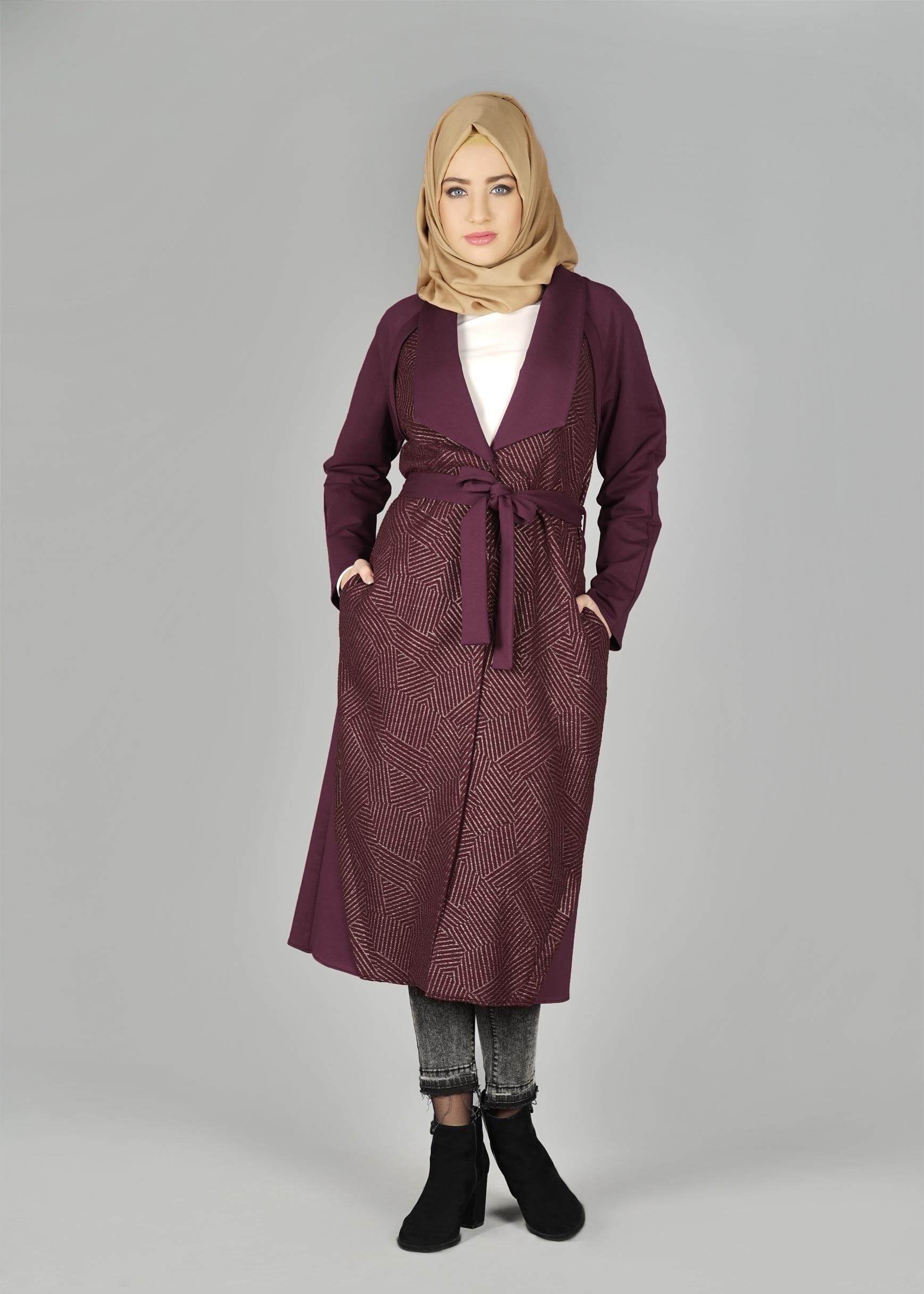 Tesettür giyim MOR BELİ KUŞAKLI CEKET 4996