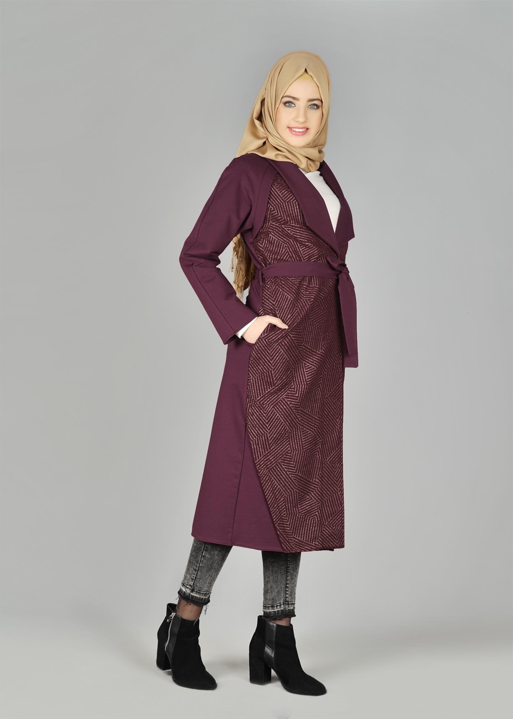 Tesettür giyim MOR BELİ KUŞAKLI CEKET 4996