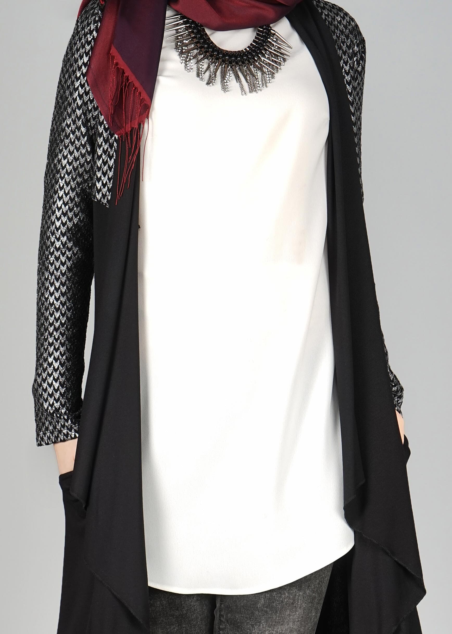 Tesettür giyim GRİ KOLLARI DESENLİ HIRKA 4997