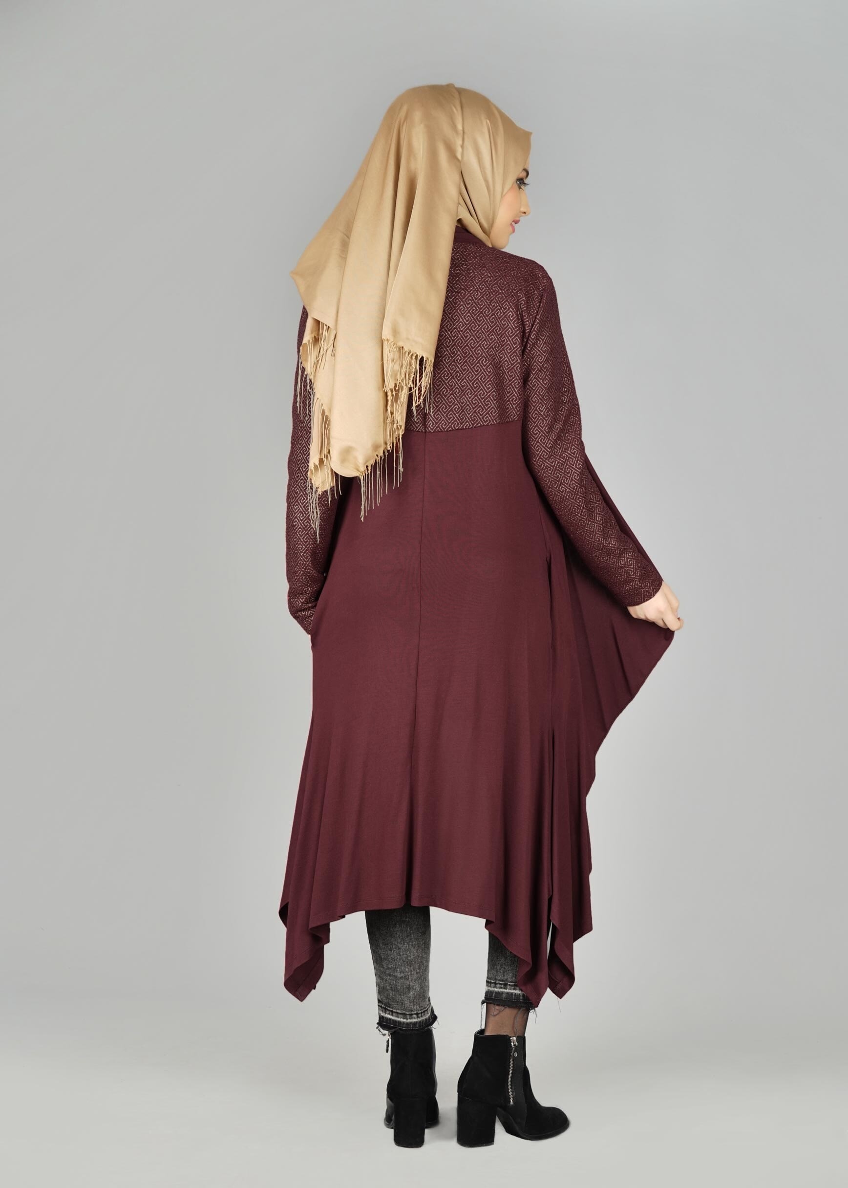 Tesettür giyim BORDO DESENLİ HIRKA 4997-1