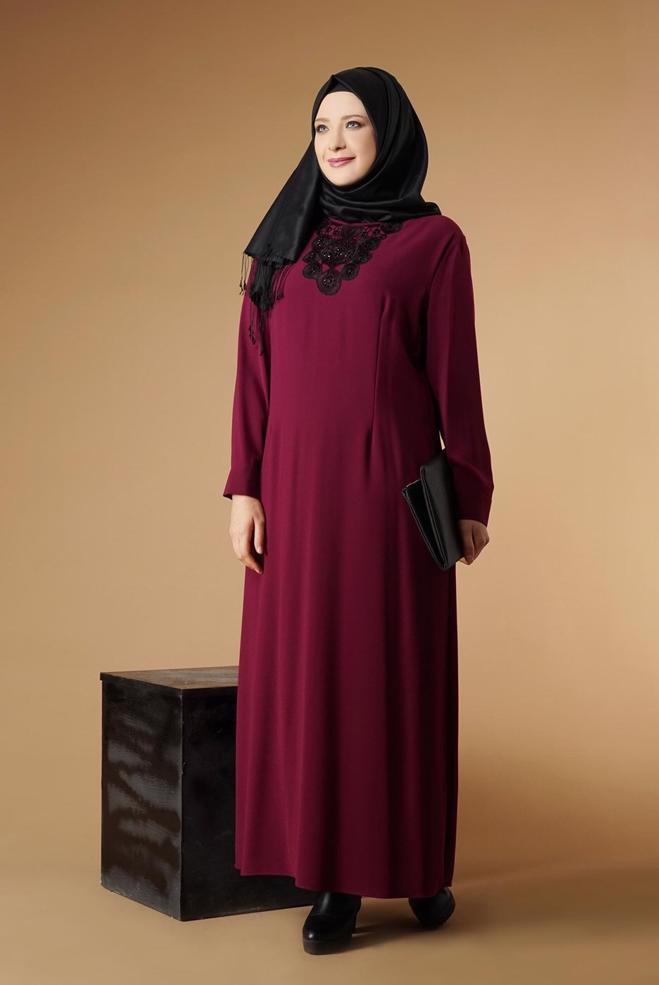 Hijab clothing PURPLE EMBROIDERY DETAIL DRESS 2619  - ALVİNA