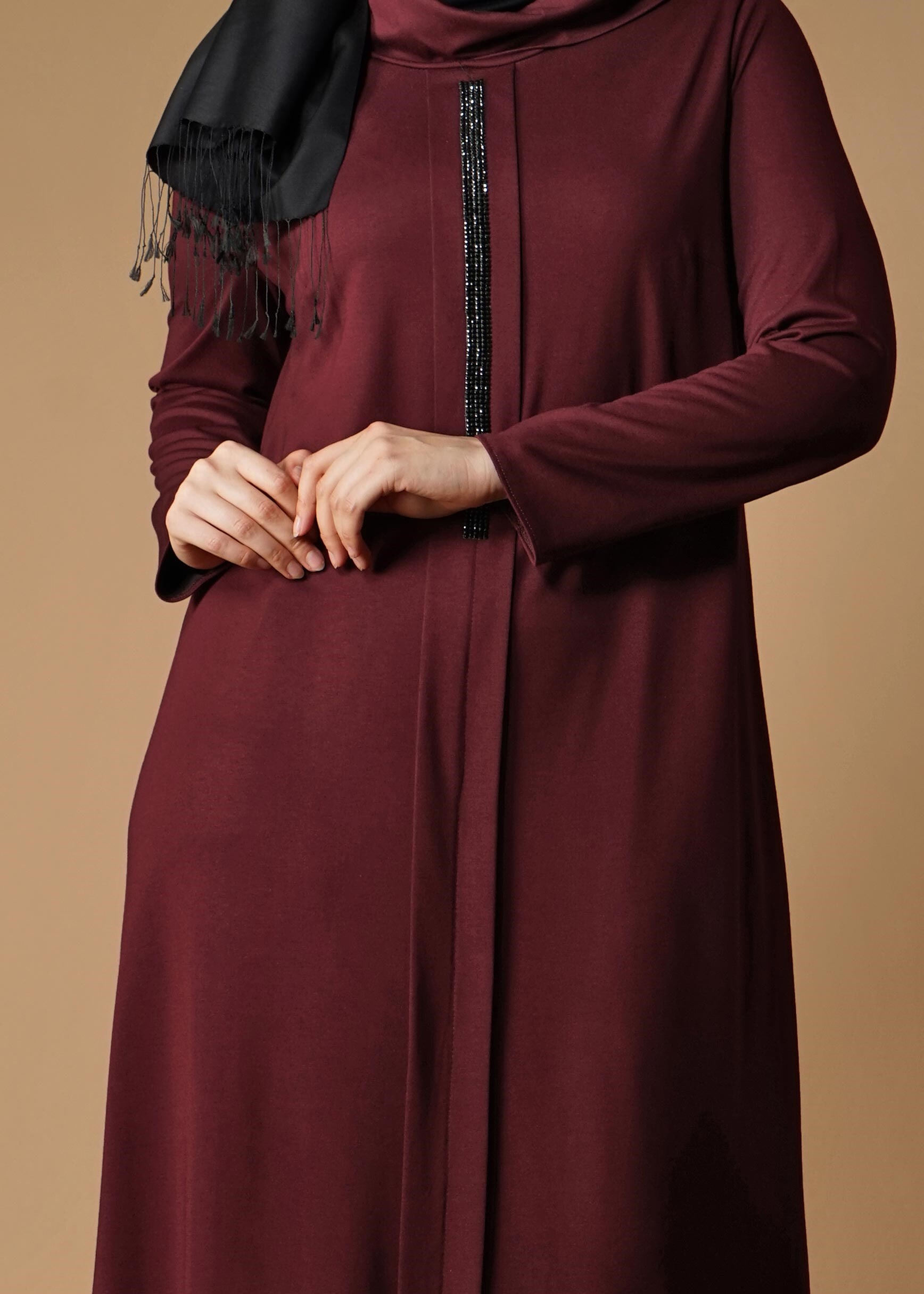 Tesettür giyim BORDO TAŞ DETAYLI ELBİSE 2645 