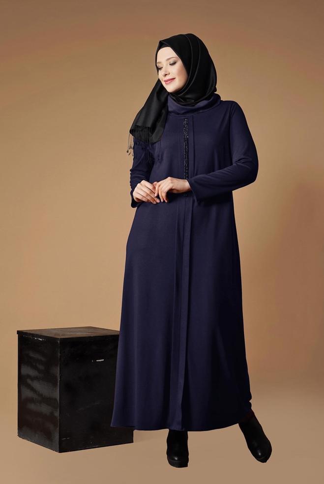 Hijab clothing NAVY BLUE GEM DETAIL DRESS 2645 - ALVİNA