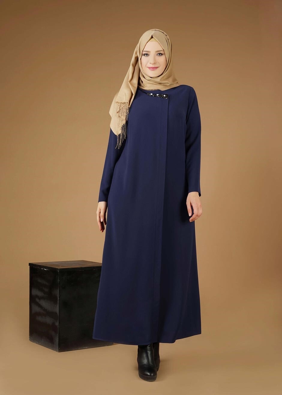 Tesettür giyim LACİVERT TAŞ İŞLEMELİ ELBİSE 2646 