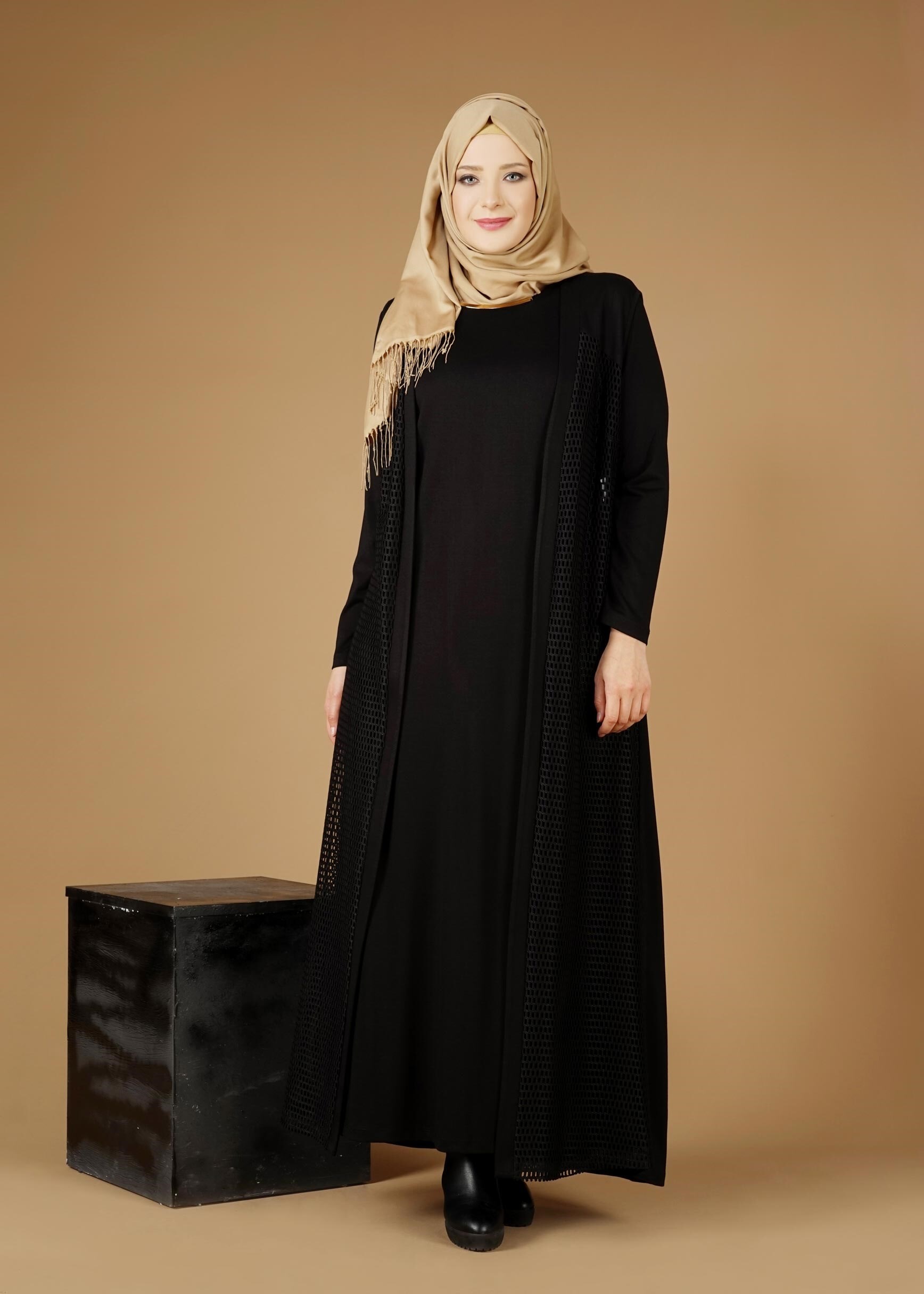 Tesettür giyim SİYAH FİLE DETAYLI 2′Lİ ELBİSE 2648 