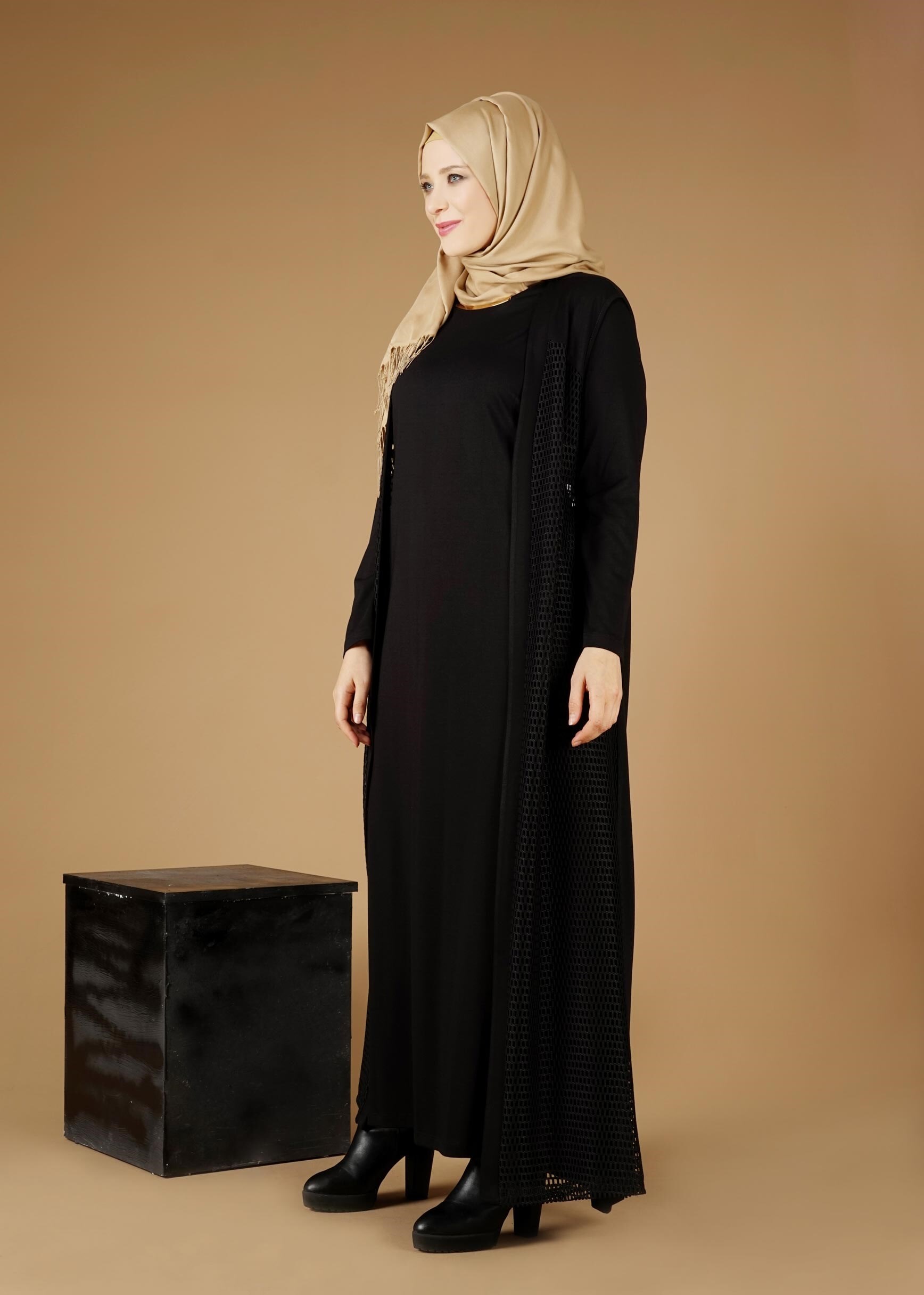 Tesettür giyim SİYAH FİLE DETAYLI 2′Lİ ELBİSE 2648 