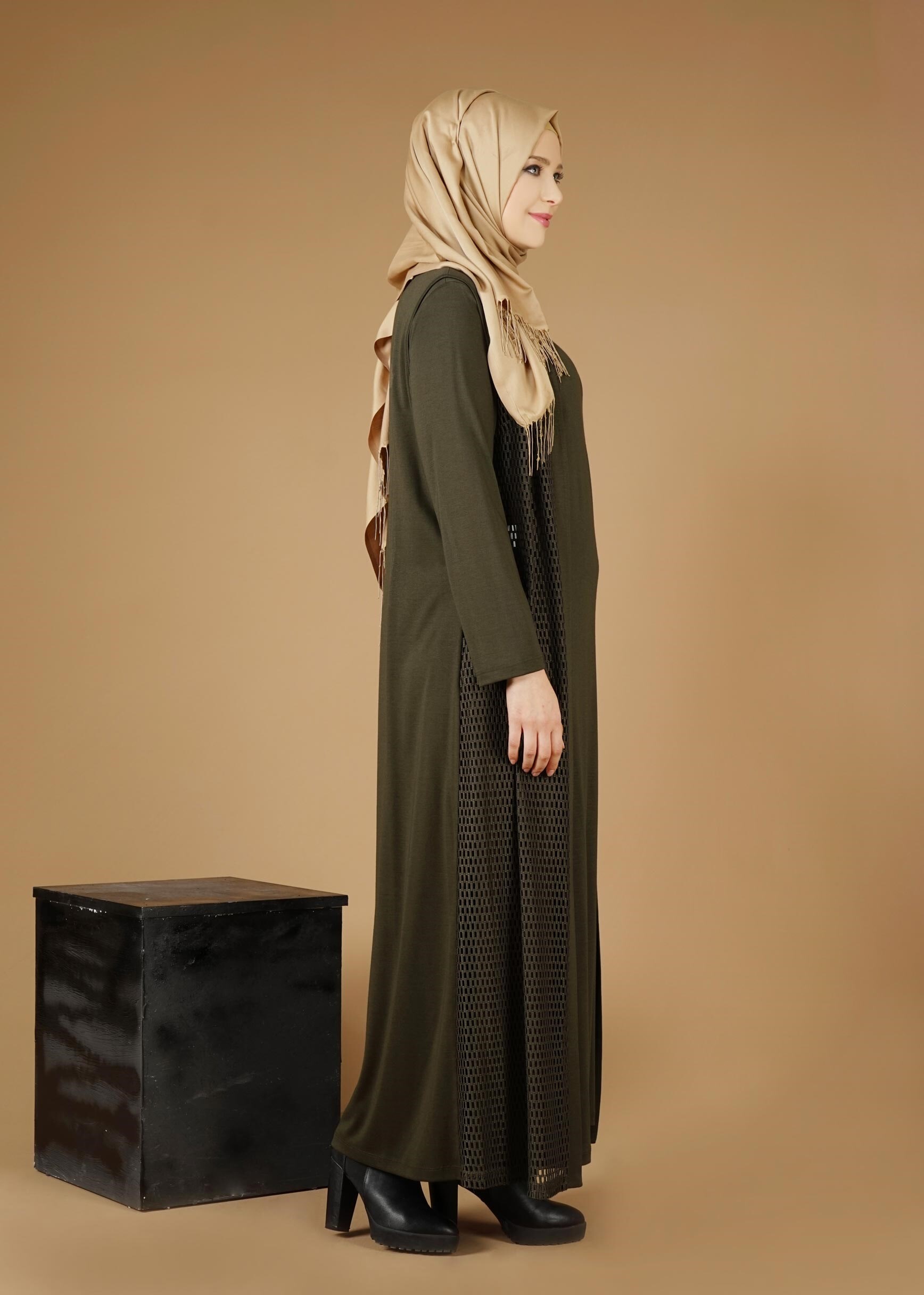 Tesettür giyim HAKİ FİLE DETAYLI 2&prime;Lİ ELBİSE 2648 