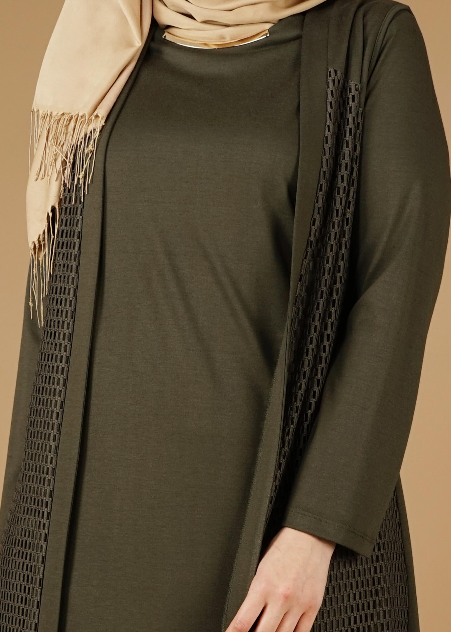 Tesettür giyim HAKİ FİLE DETAYLI 2&prime;Lİ ELBİSE 2648 