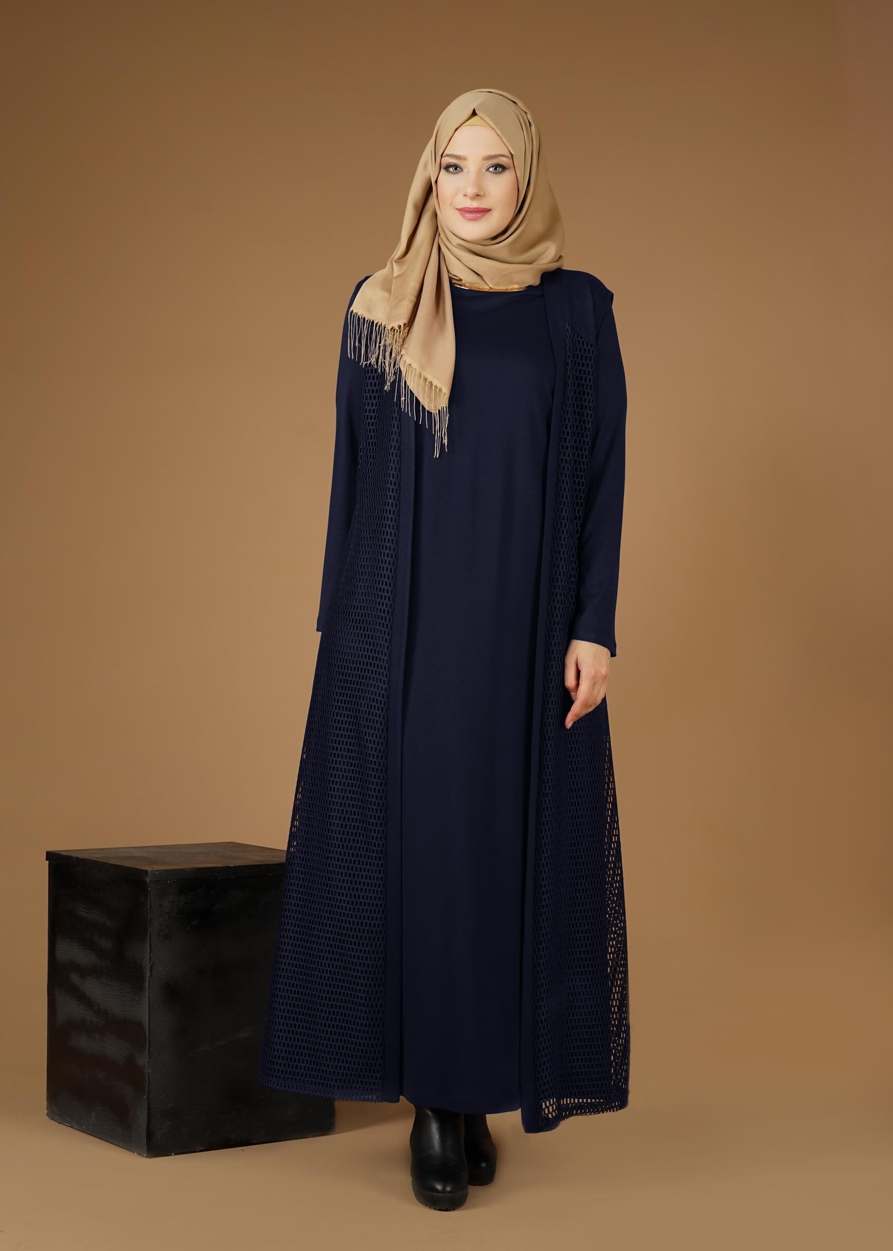 Tesettür giyim LACİVERT FİLE DETAYLI 2′Lİ ELBİSE 2648 