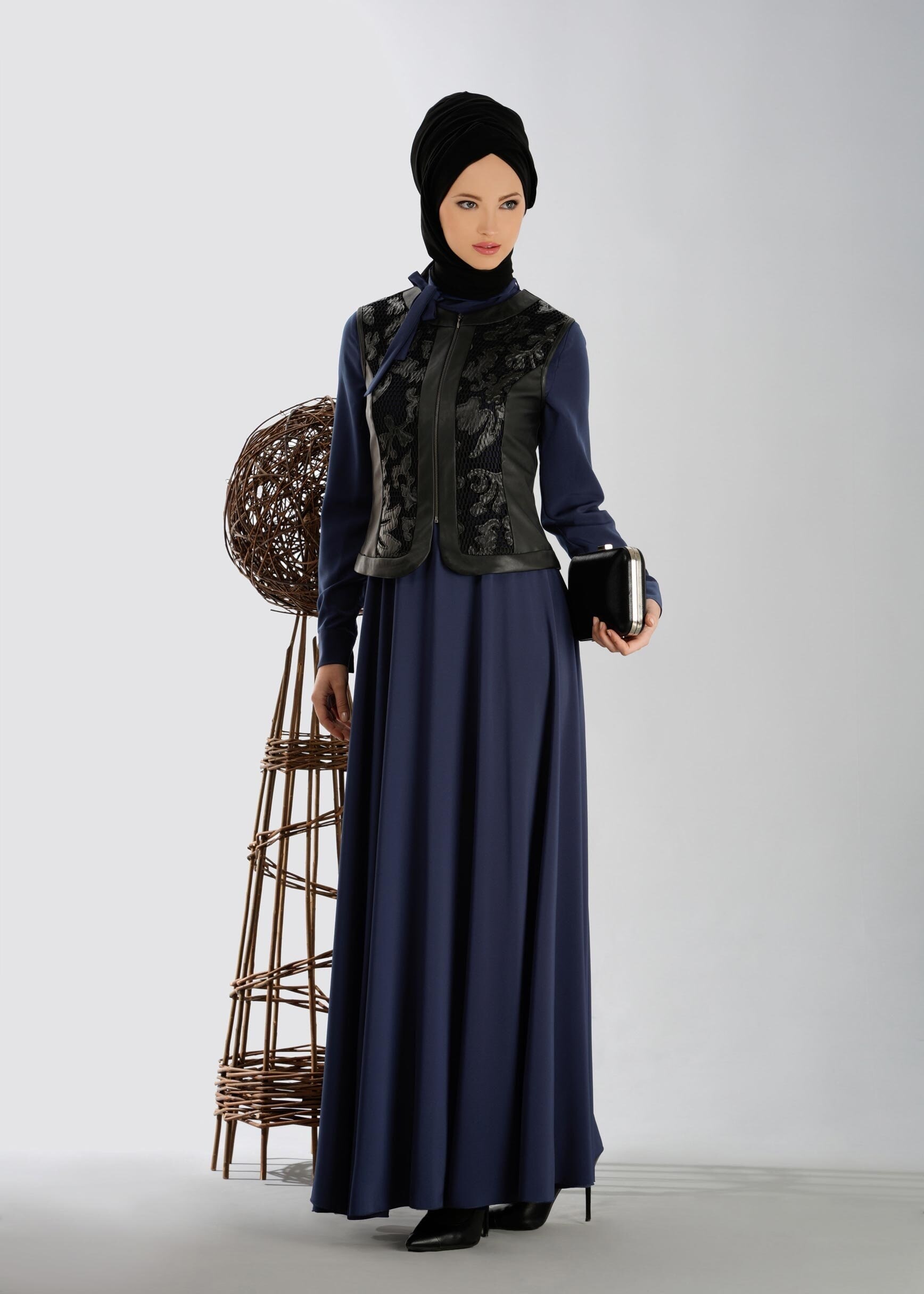 Tesettür giyim LACİVERT YELEĞİ DERİ ELBİSE 4700 