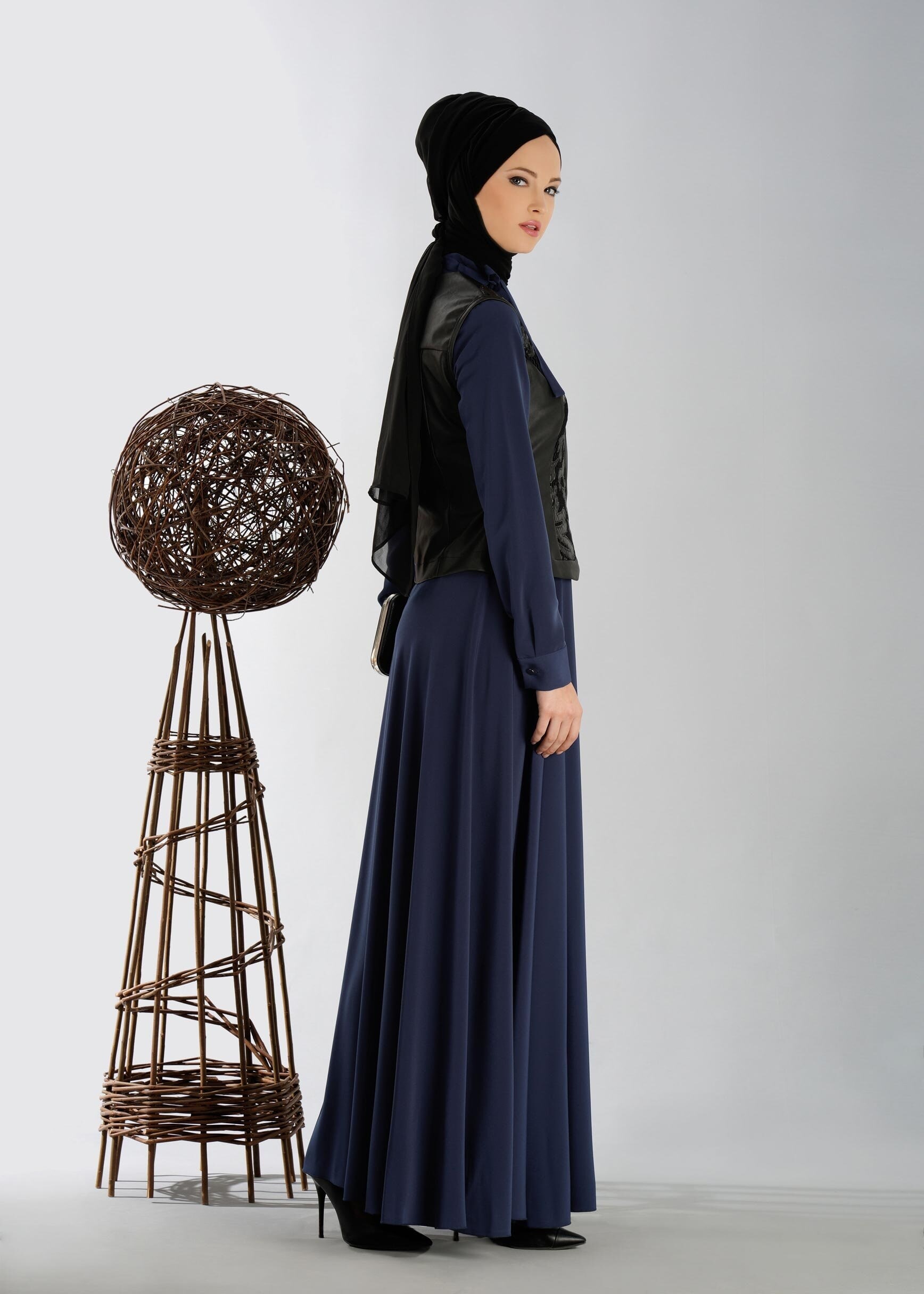 Tesettür giyim LACİVERT YELEĞİ DERİ ELBİSE 4700 