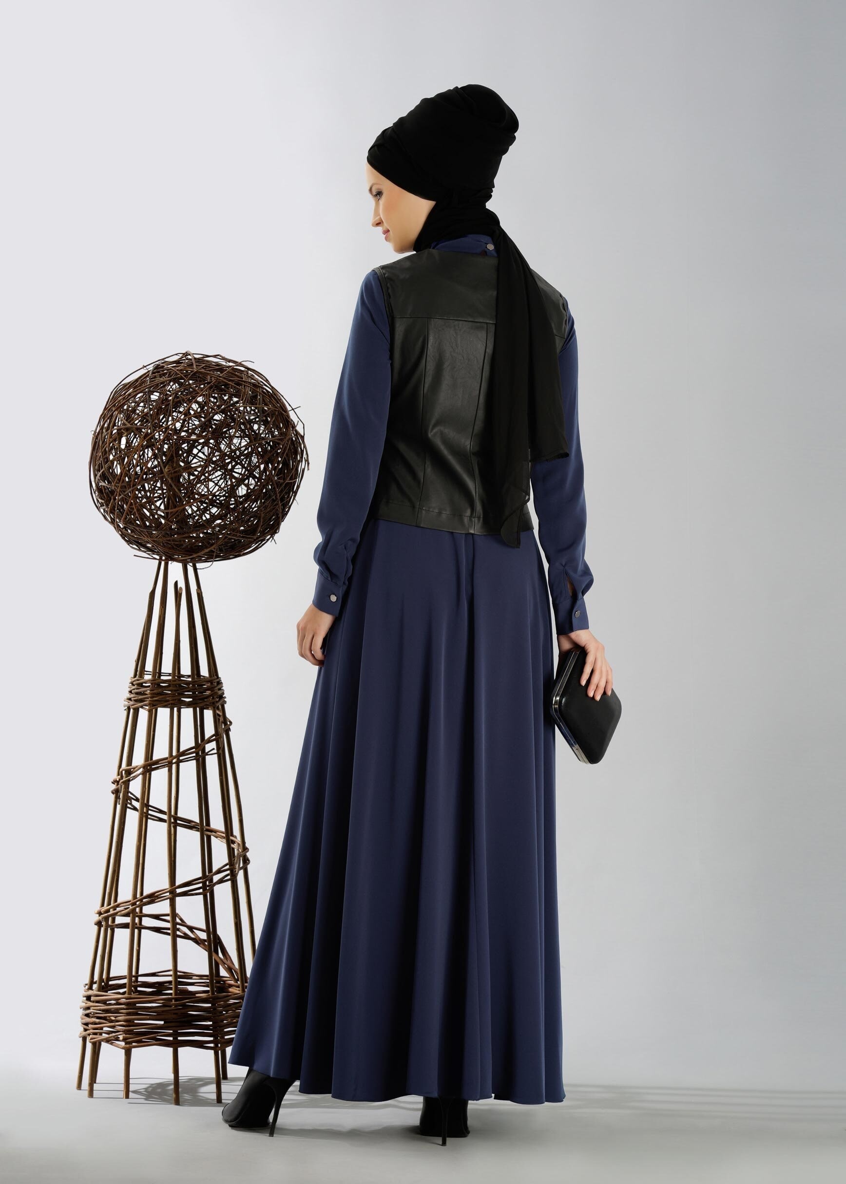 Tesettür giyim LACİVERT YELEĞİ DERİ ELBİSE 4700 