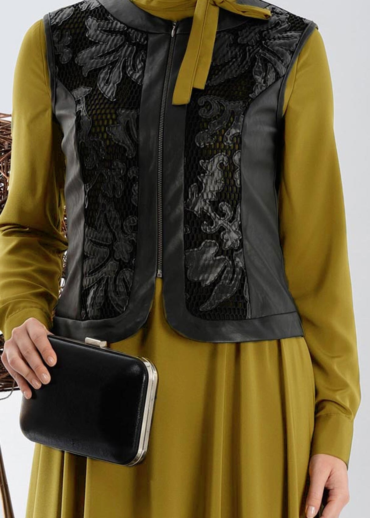 Tesettür giyim YEŞİL YELEĞİ DERİ ELBİSE 4700 