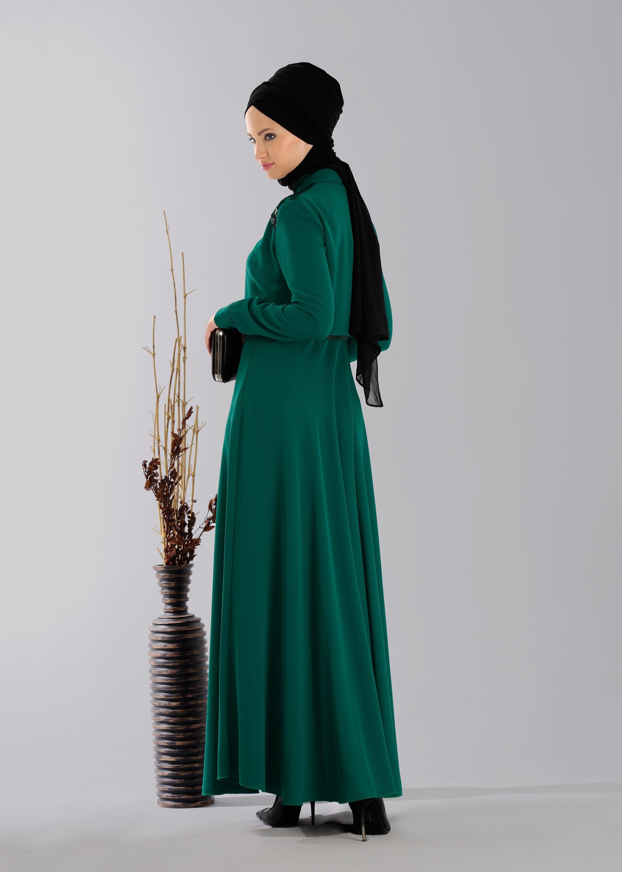 Tesettür giyim YEŞİL OMUZLARI DANTEL DETAYLI ELBİSE 4702 