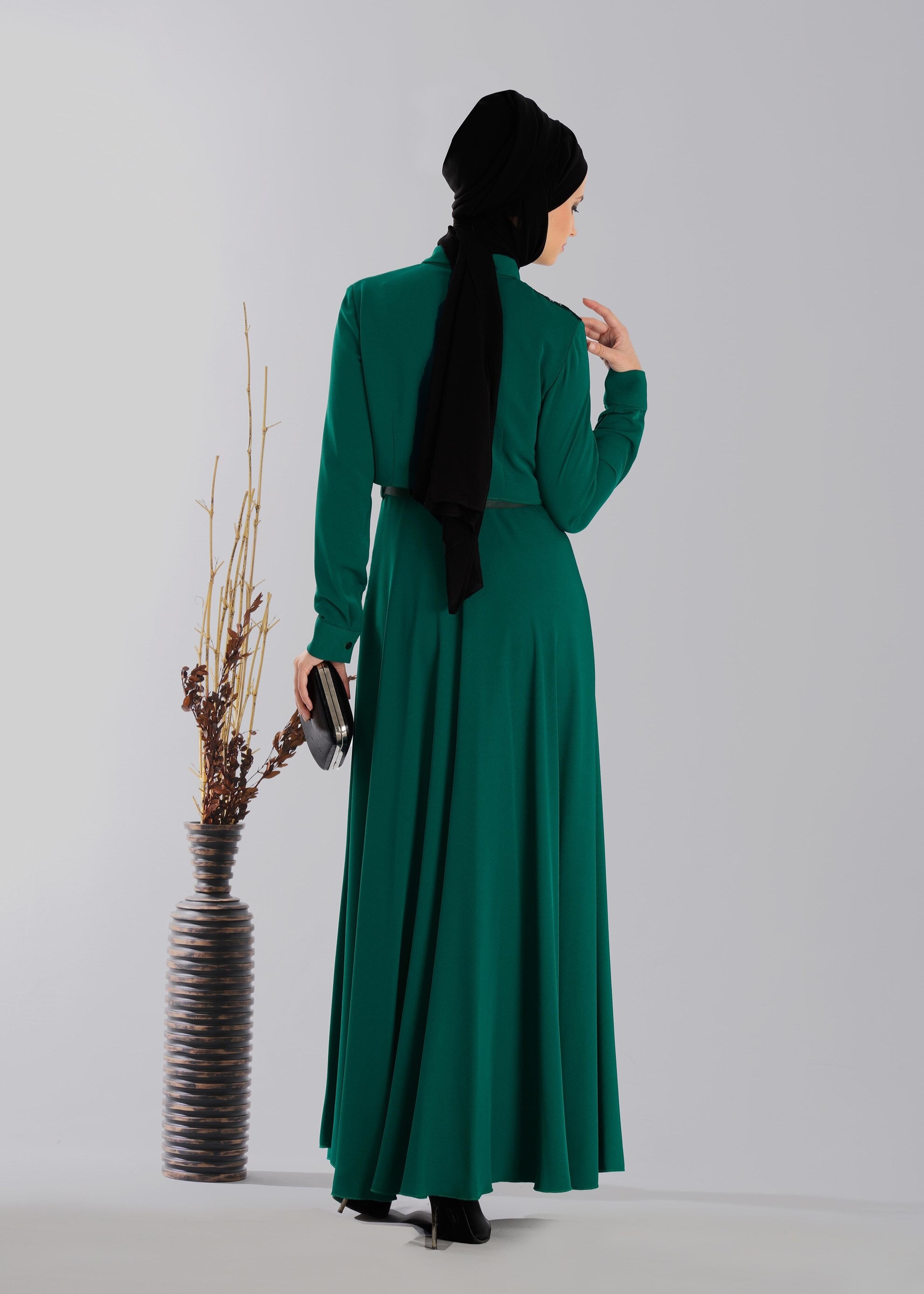 Tesettür giyim YEŞİL OMUZLARI DANTEL DETAYLI ELBİSE 4702 