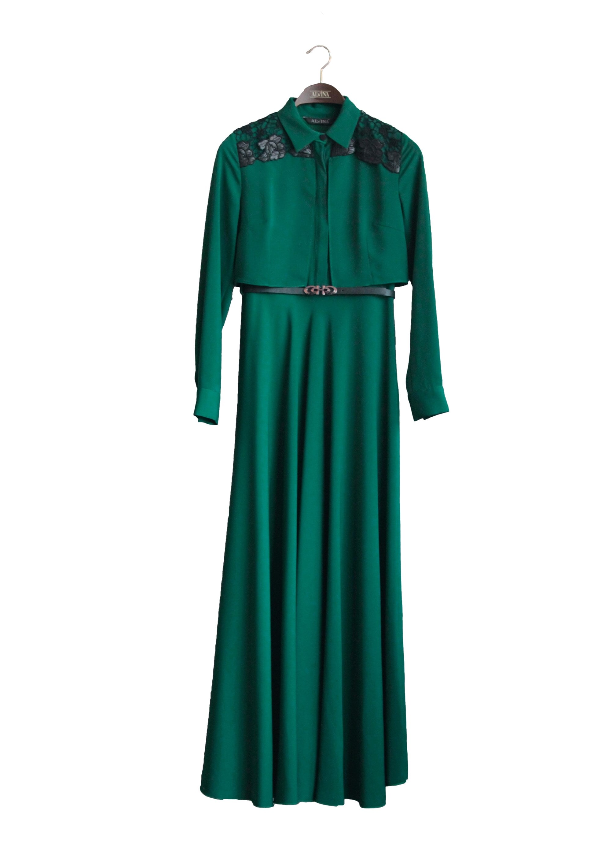 Tesettür giyim YEŞİL OMUZLARI DANTEL DETAYLI ELBİSE 4702 