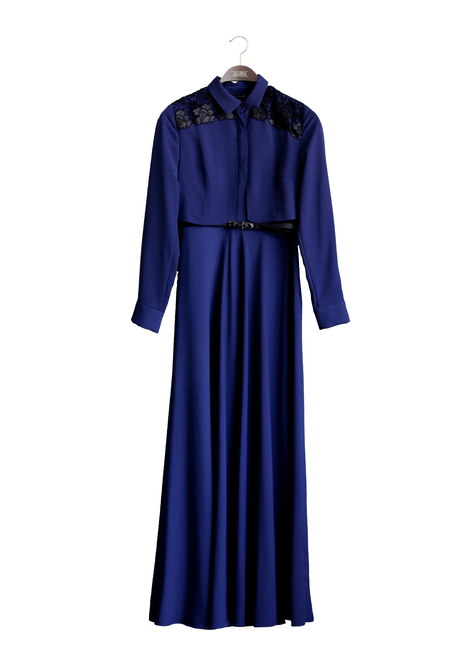 Tesettür giyim MAVİ OMUZLARI DANTEL DETAYLI ELBİSE 4702 