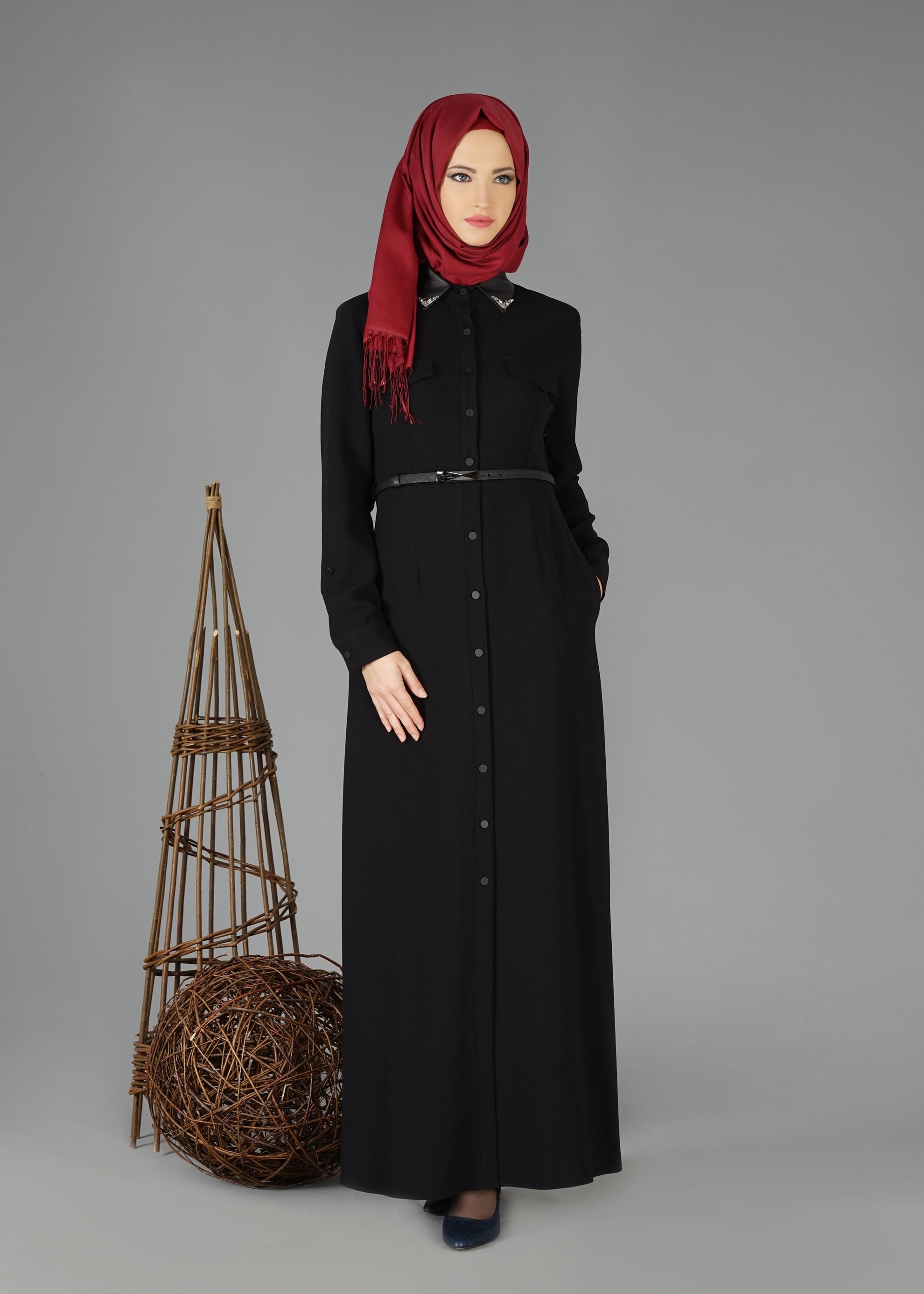 Tesettür giyim SİYAH CEP DETAYLI DÜĞMELİ ELBİSE 4703 