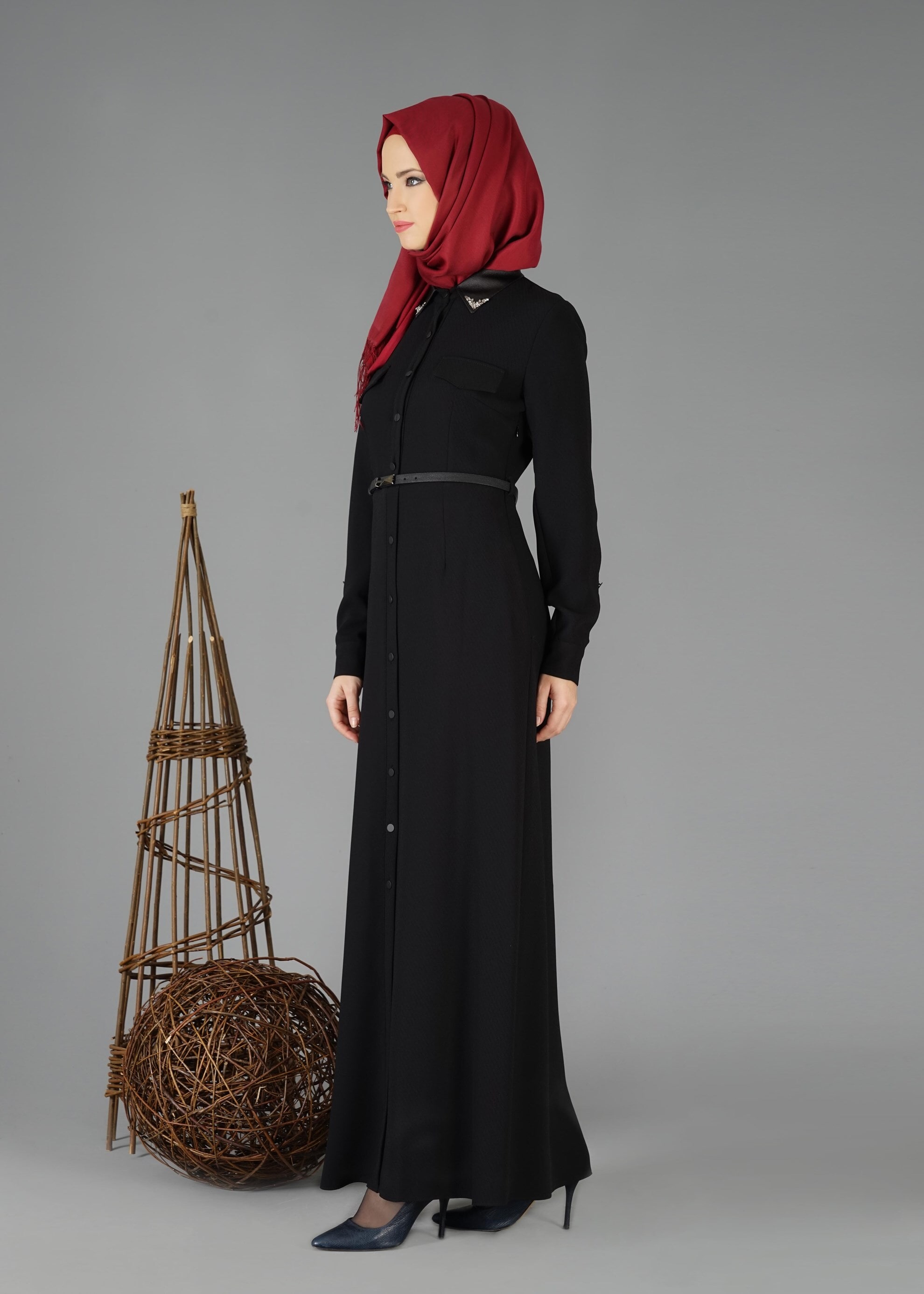 Tesettür giyim SİYAH CEP DETAYLI DÜĞMELİ ELBİSE 4703 