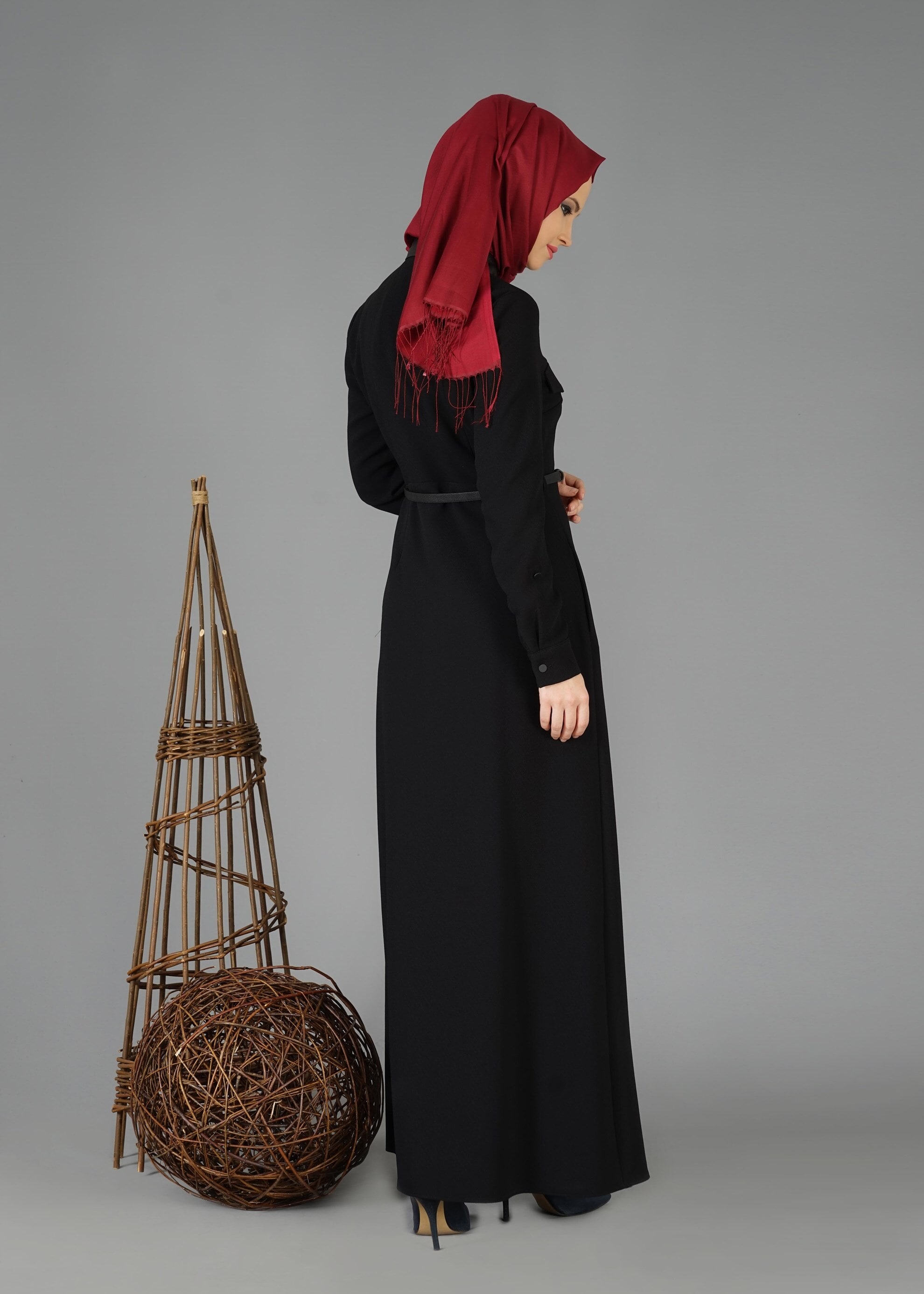 Tesettür giyim SİYAH CEP DETAYLI DÜĞMELİ ELBİSE 4703 