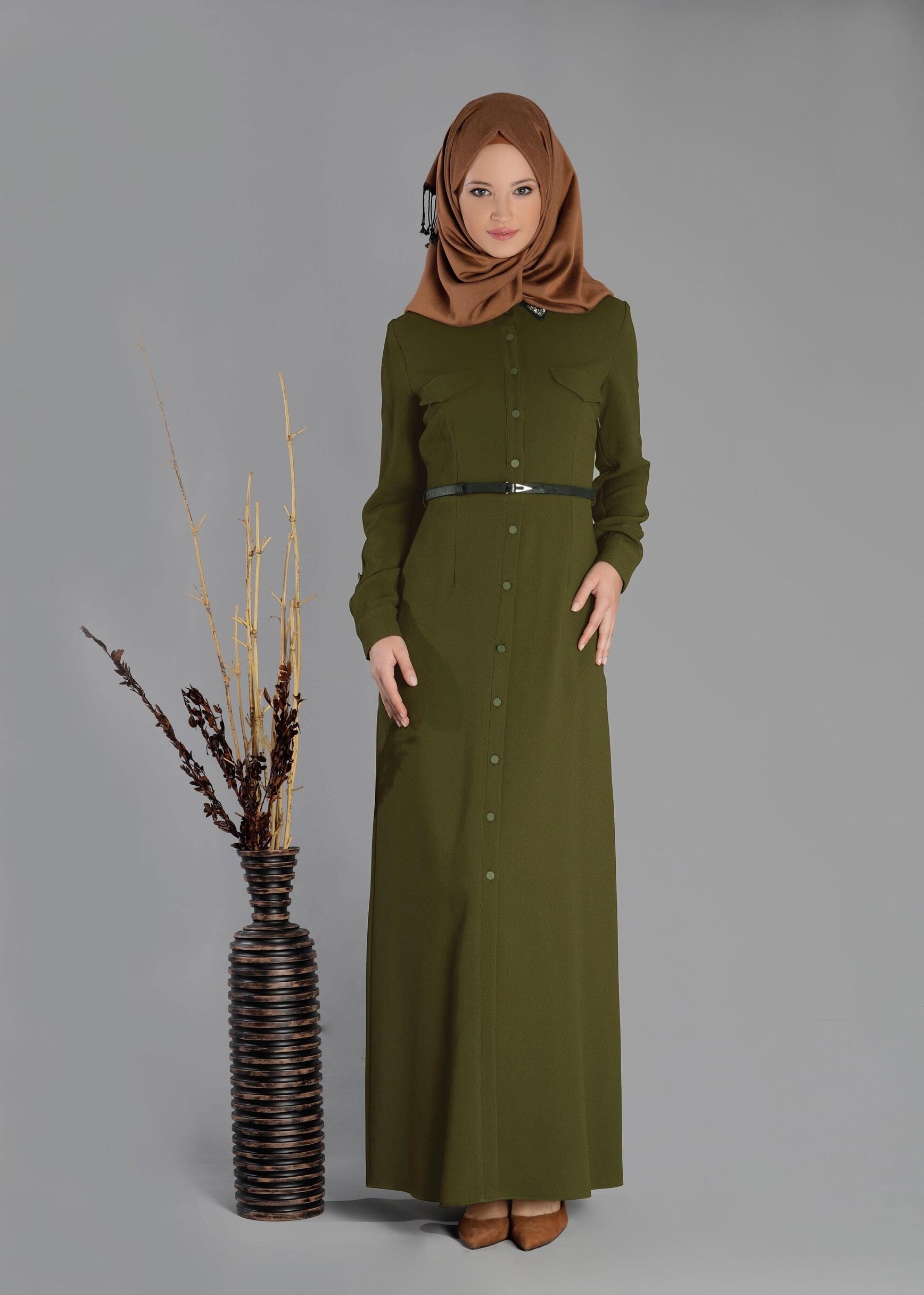 Tesettür giyim YEŞİL CEP DETAYLI DÜĞMELİ ELBİSE 4703 