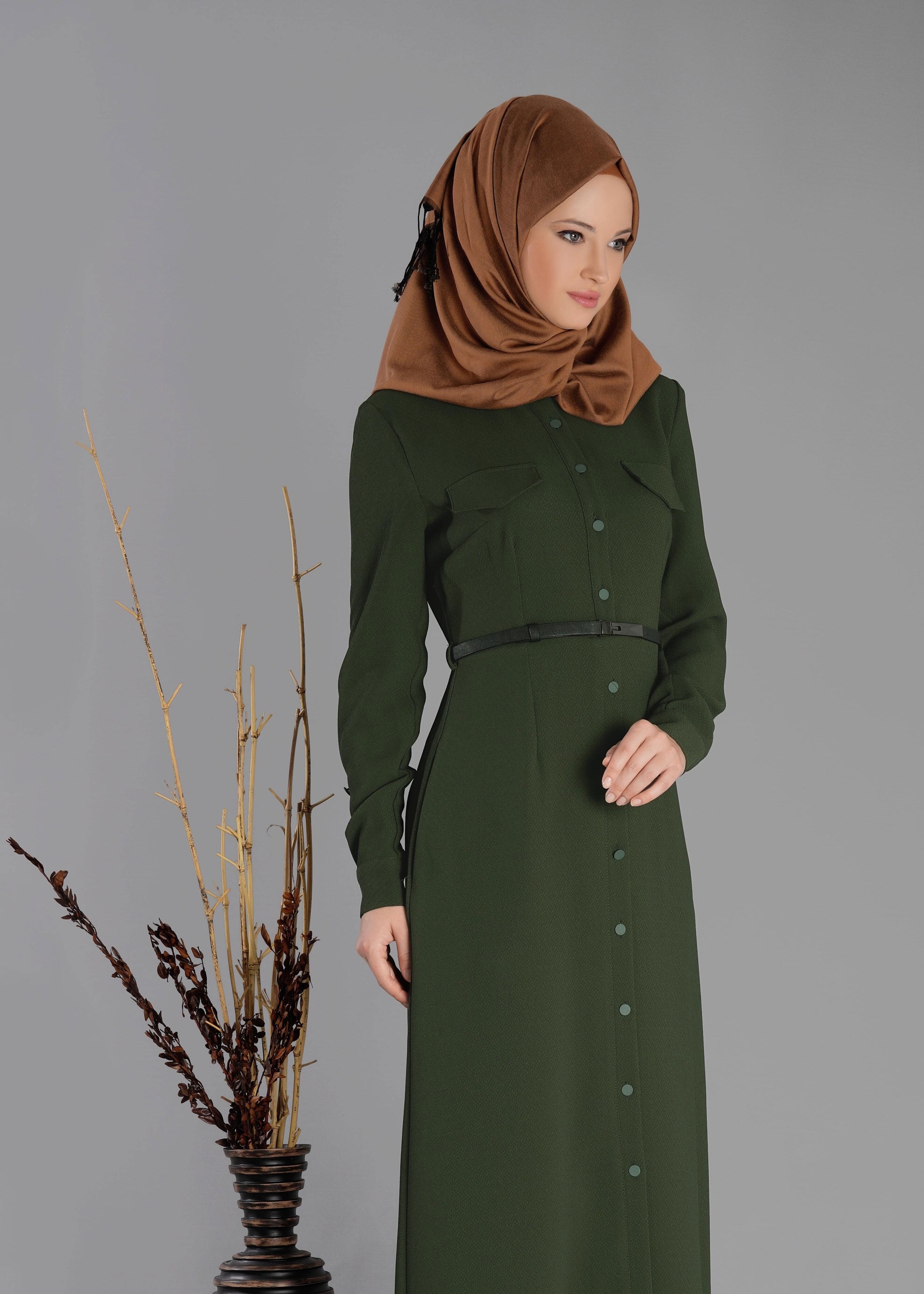 Tesettür giyim HAKİ CEP DETAYLI DÜĞMELİ ELBİSE 4703 