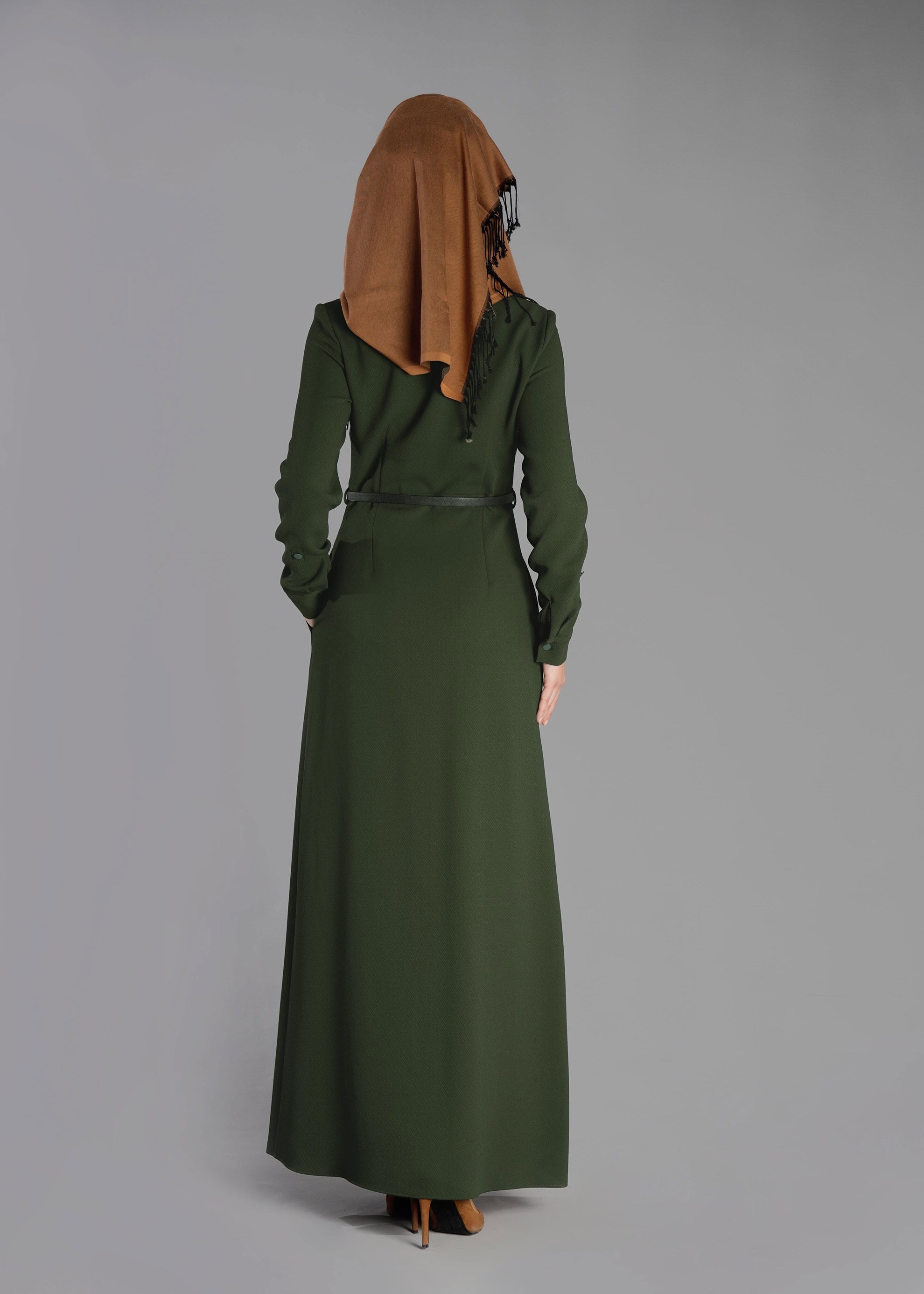 Tesettür giyim HAKİ CEP DETAYLI DÜĞMELİ ELBİSE 4703 