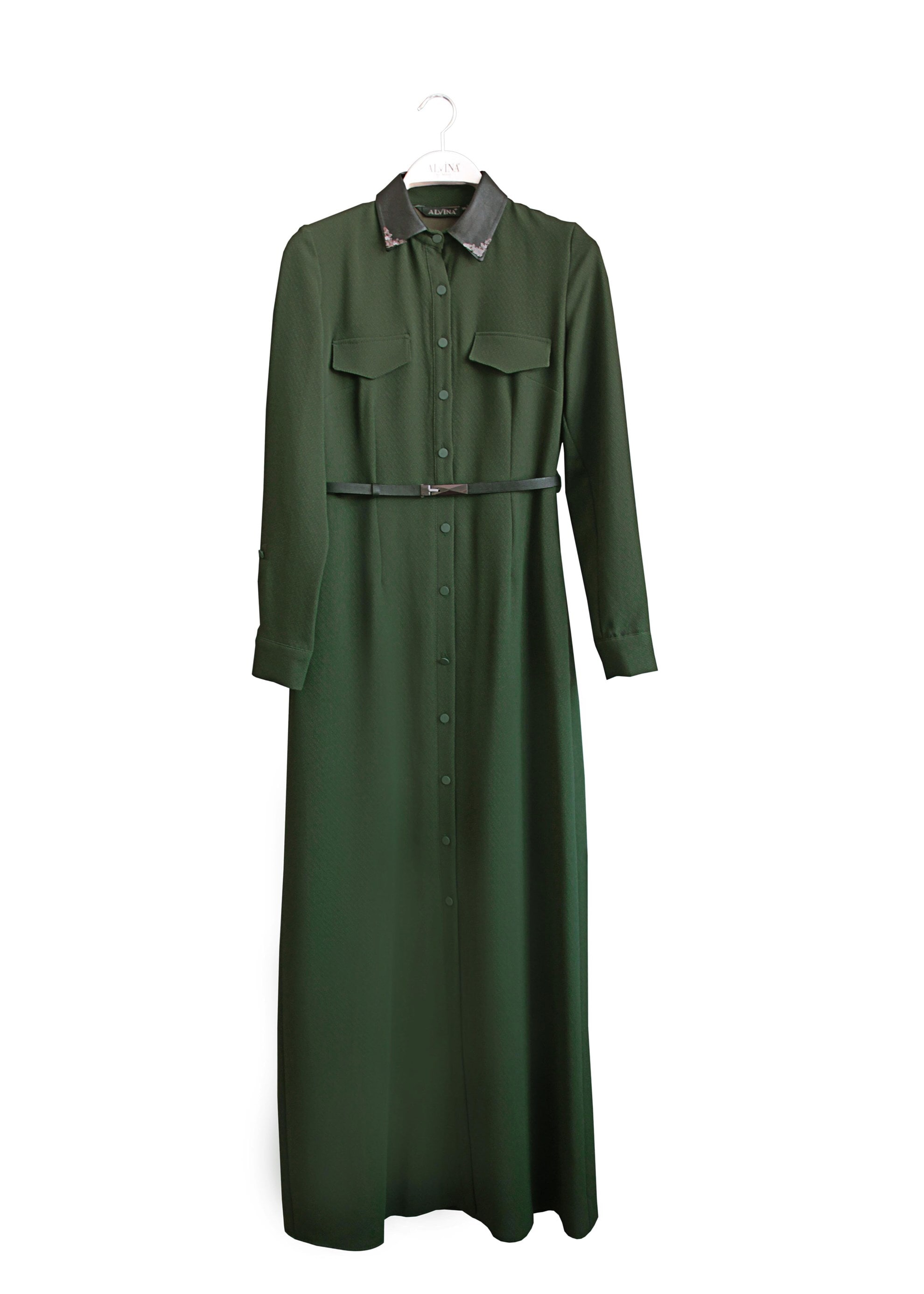 Tesettür giyim HAKİ CEP DETAYLI DÜĞMELİ ELBİSE 4703 