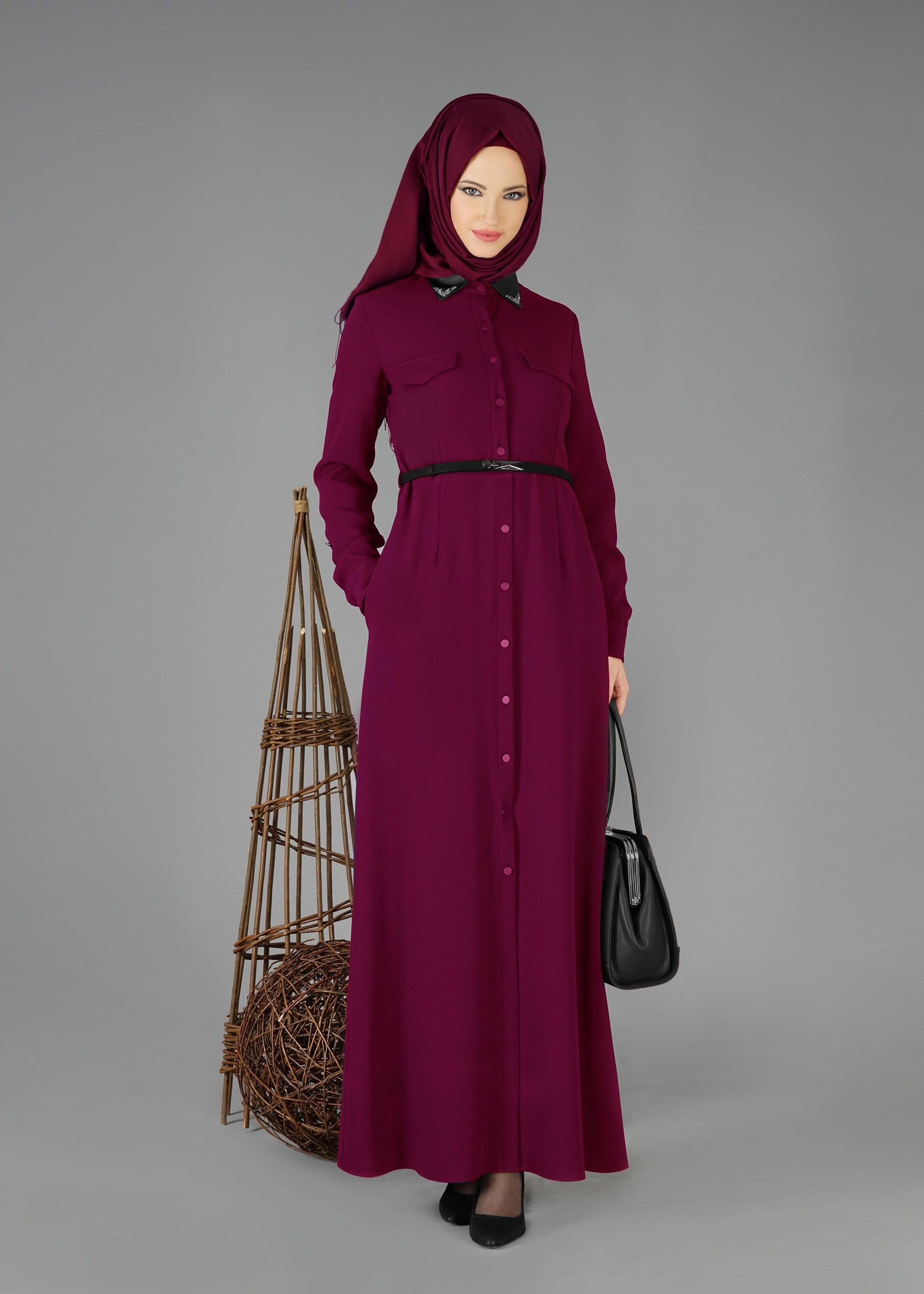 Tesettür giyim FUŞYA CEP DETAYLI DÜĞMELİ ELBİSE 4703 