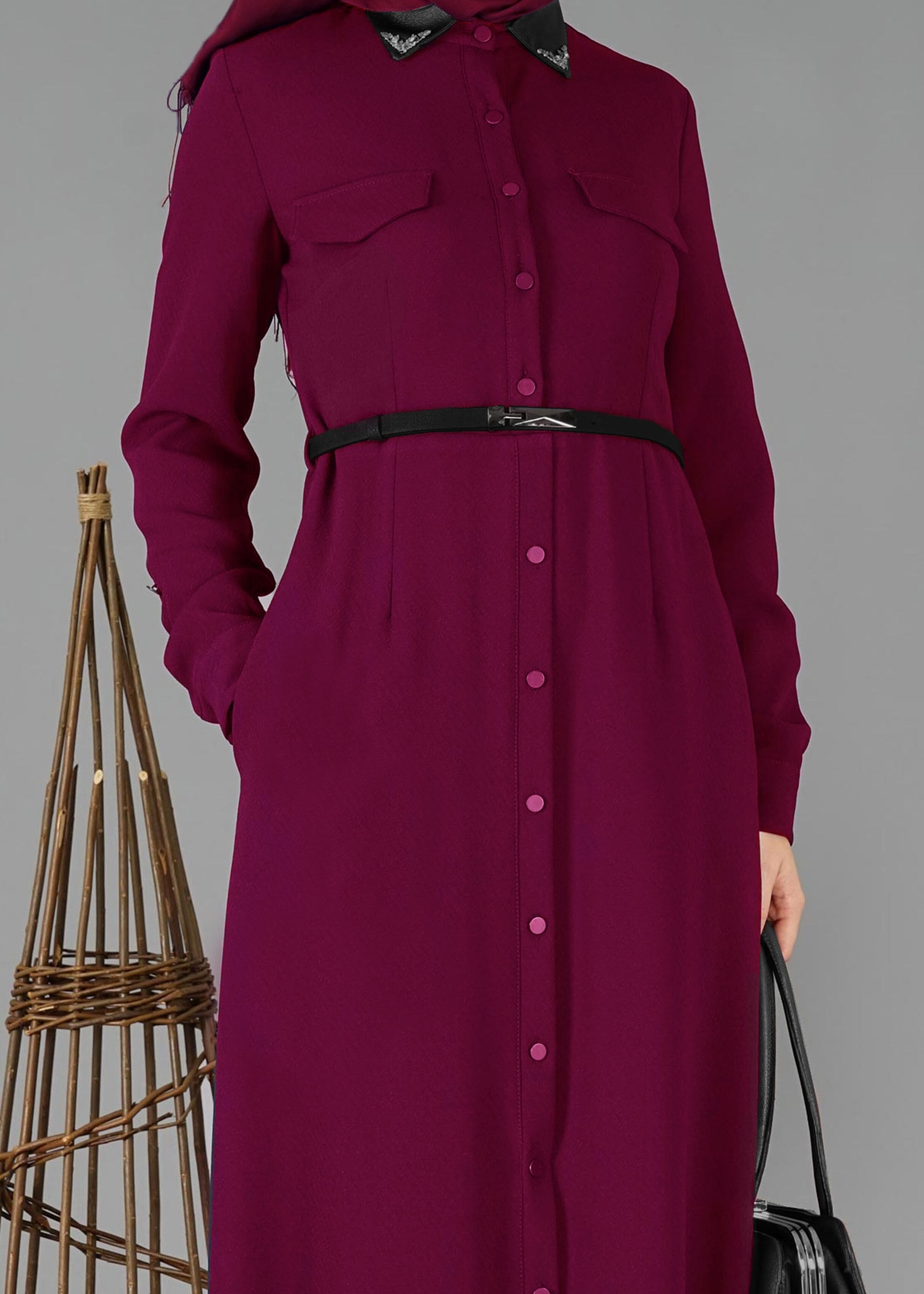 Tesettür giyim FUŞYA CEP DETAYLI DÜĞMELİ ELBİSE 4703 