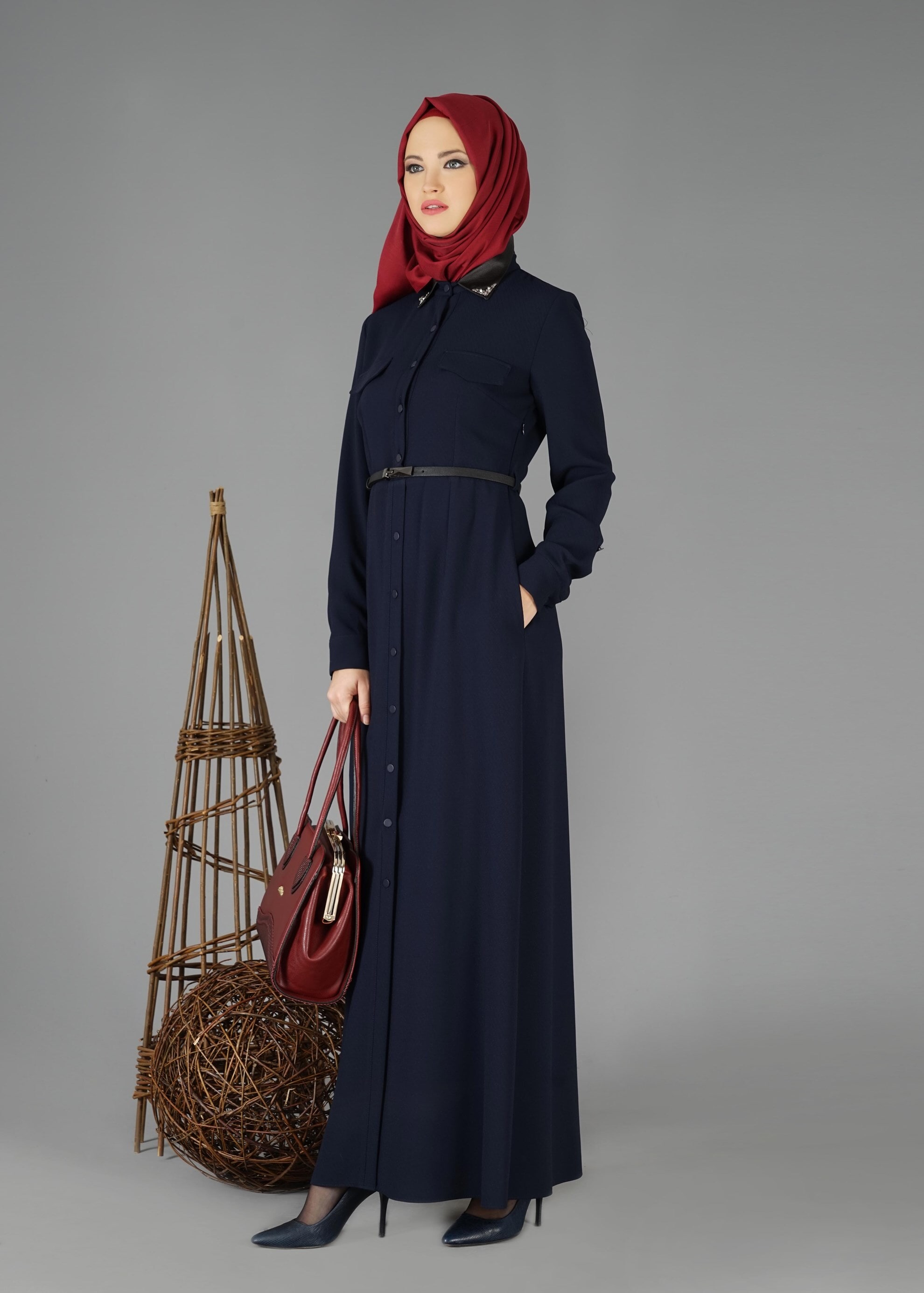 Tesettür giyim LACİVERT CEP DETAYLI DÜĞMELİ ELBİSE 4703 