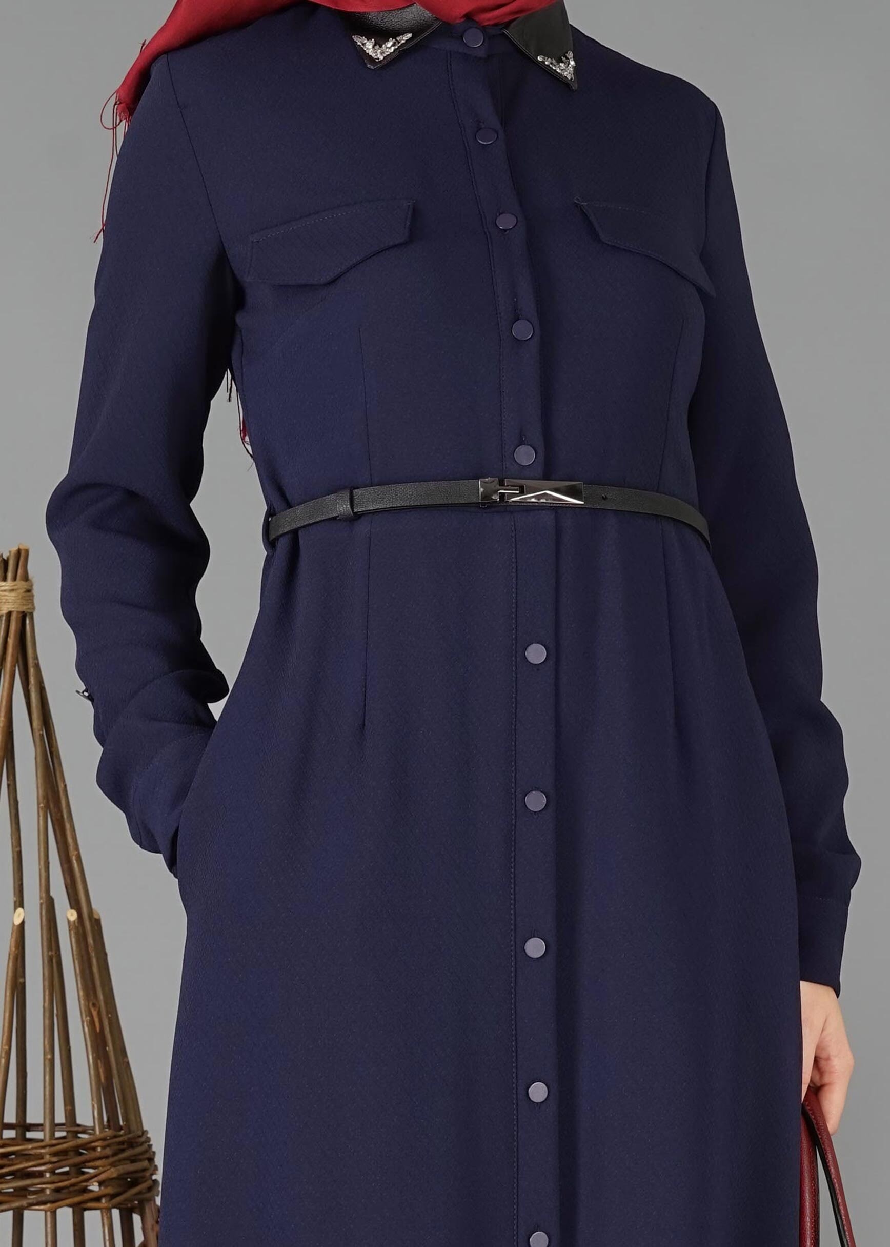 Tesettür giyim LACİVERT CEP DETAYLI DÜĞMELİ ELBİSE 4703 