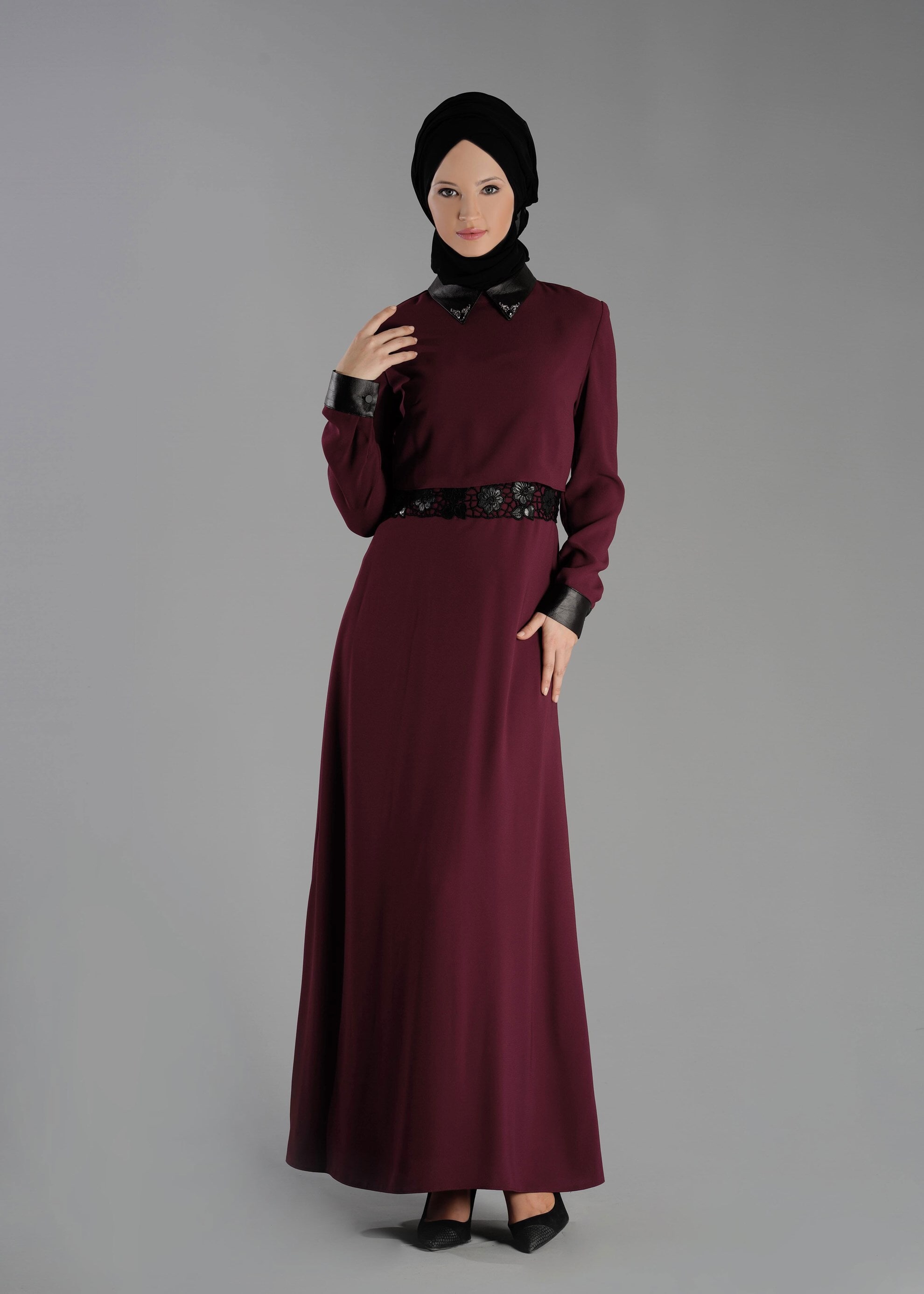 Tesettür giyim BORDO DANTEL DETAYLI ELBİSE 4762 